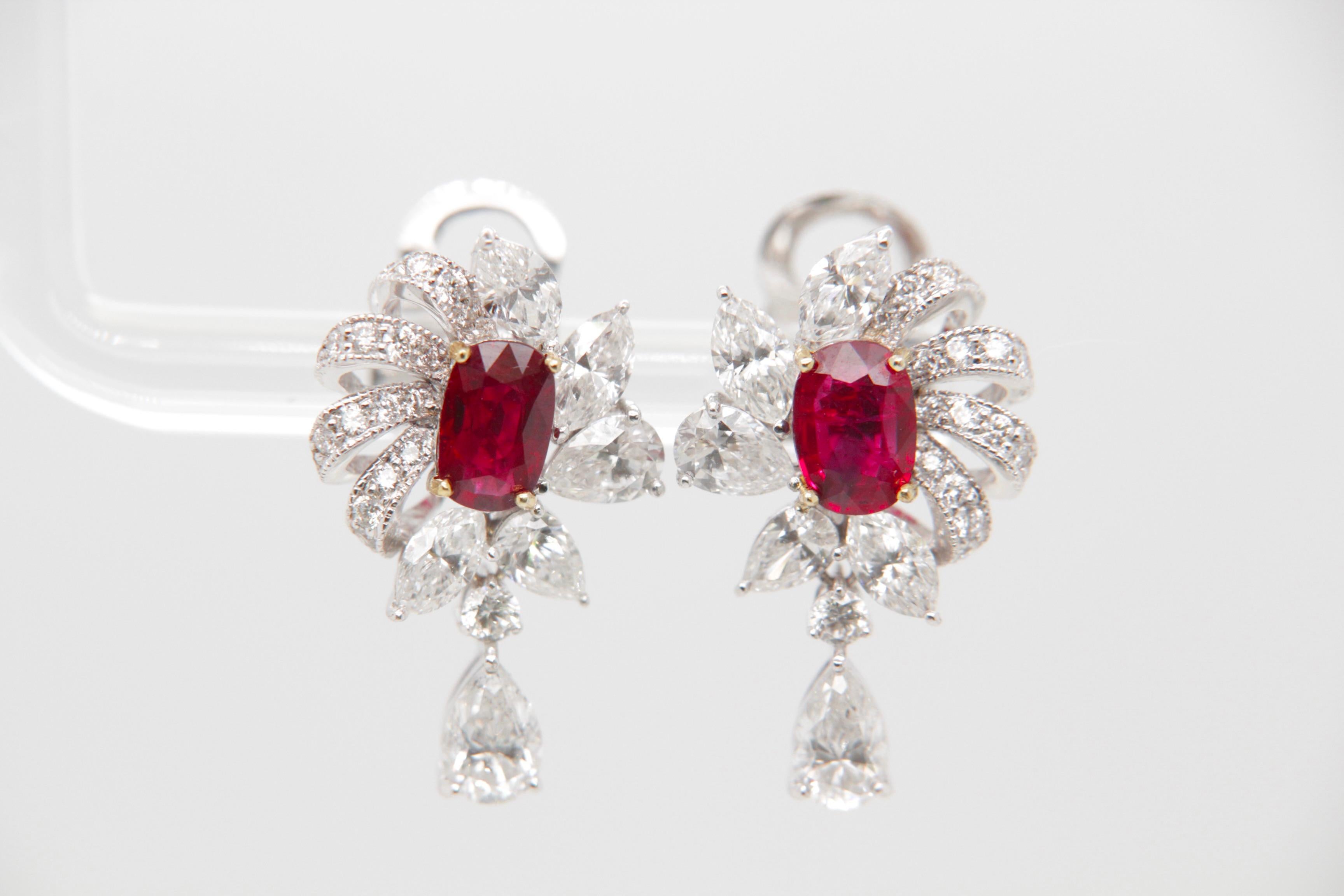GRS Certified 1.60 Carat Pigeon Blood Burmese No Heat Ruby and Diamond Earring For Sale 2