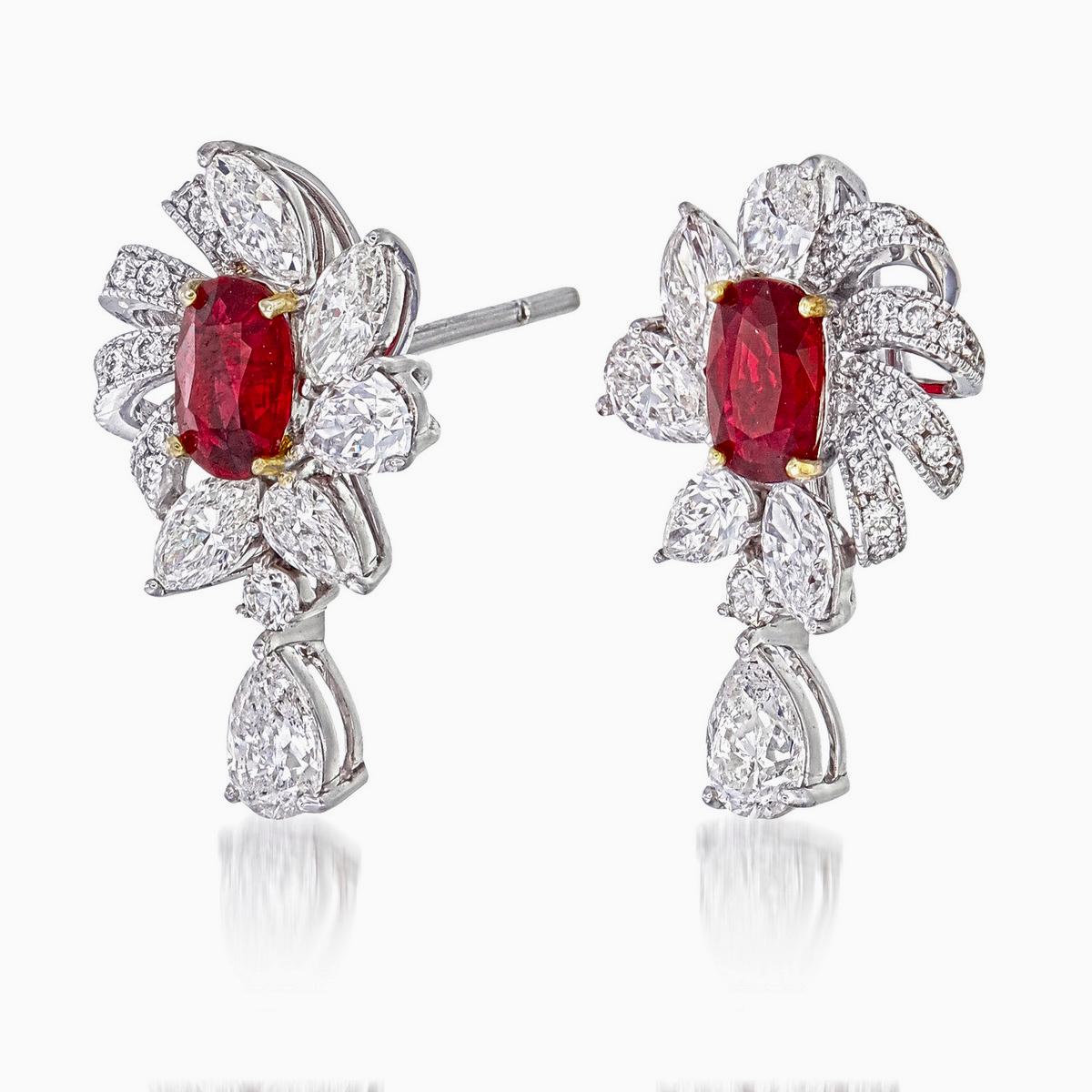 GRS Certified 1.60 Carat Pigeon Blood Burmese No Heat Ruby and Diamond Earring For Sale 3