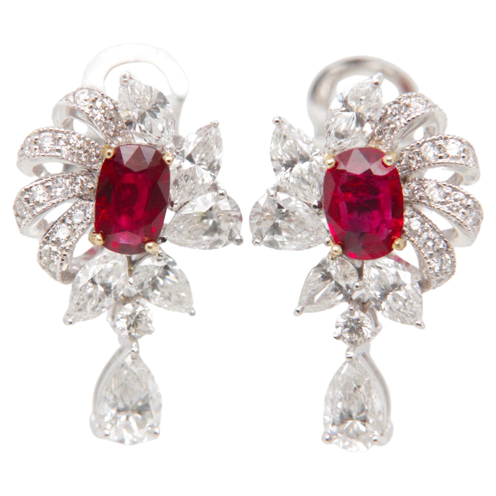 GRS Certified 1.60 Carat Pigeon Blood Burmese No Heat Ruby and Diamond Earring  For Sale