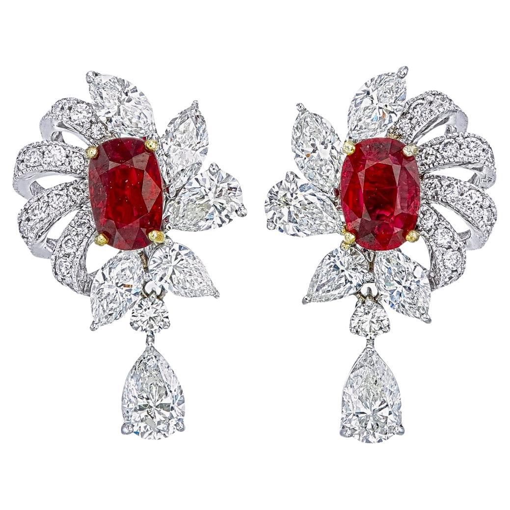 GRS Certified 1.60 Carat Pigeon Blood Burmese No Heat Ruby and Diamond Earring For Sale