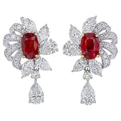 GRS Certified 1.60 Carat Pigeon Blood Burmese No Heat Ruby and Diamond Earring