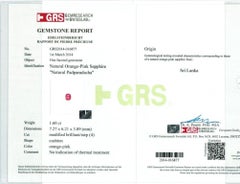 Unheated Padparadscha Sapphire Stone 1.60 cts in Platinum Ring w Dia /GRS Report