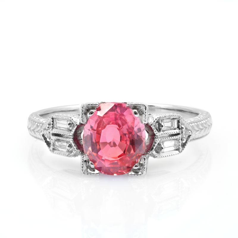 Art Deco GRS Certified  Unheated Padparadscha Sapphire 1.60 Carats Diamond Platinum Ring For Sale