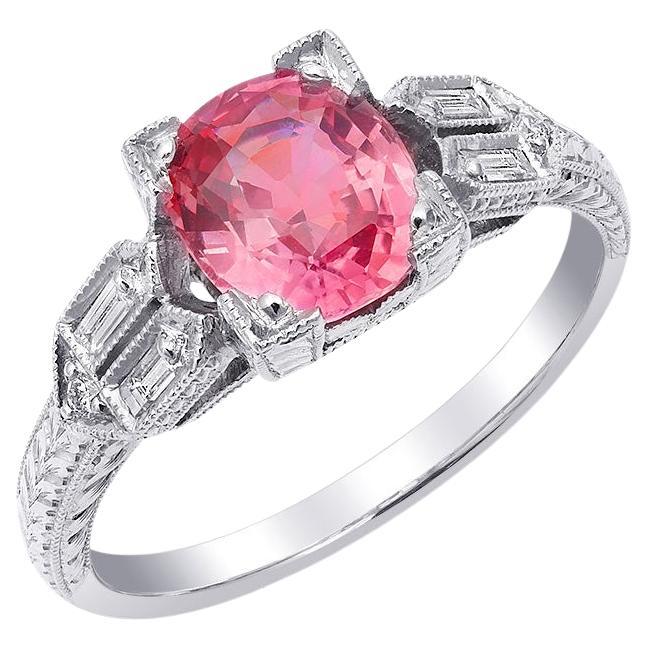 GRS Certified  Unheated Padparadscha Sapphire 1.60 Carats Diamond Platinum Ring For Sale