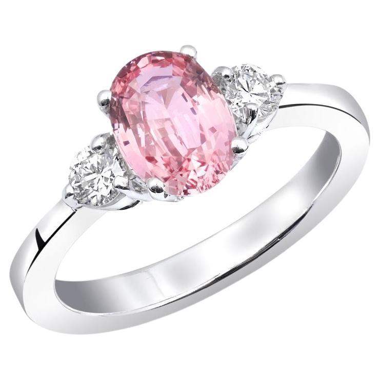 GRS Certified 1.64 Ct Natural Padparadscha Sapphire Diamond 14K White Gold Ring For Sale