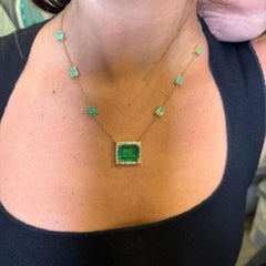 GRS Certified 17.85 Carat Emerald & Diamond Filigree 14K Yellow Gold Necklace