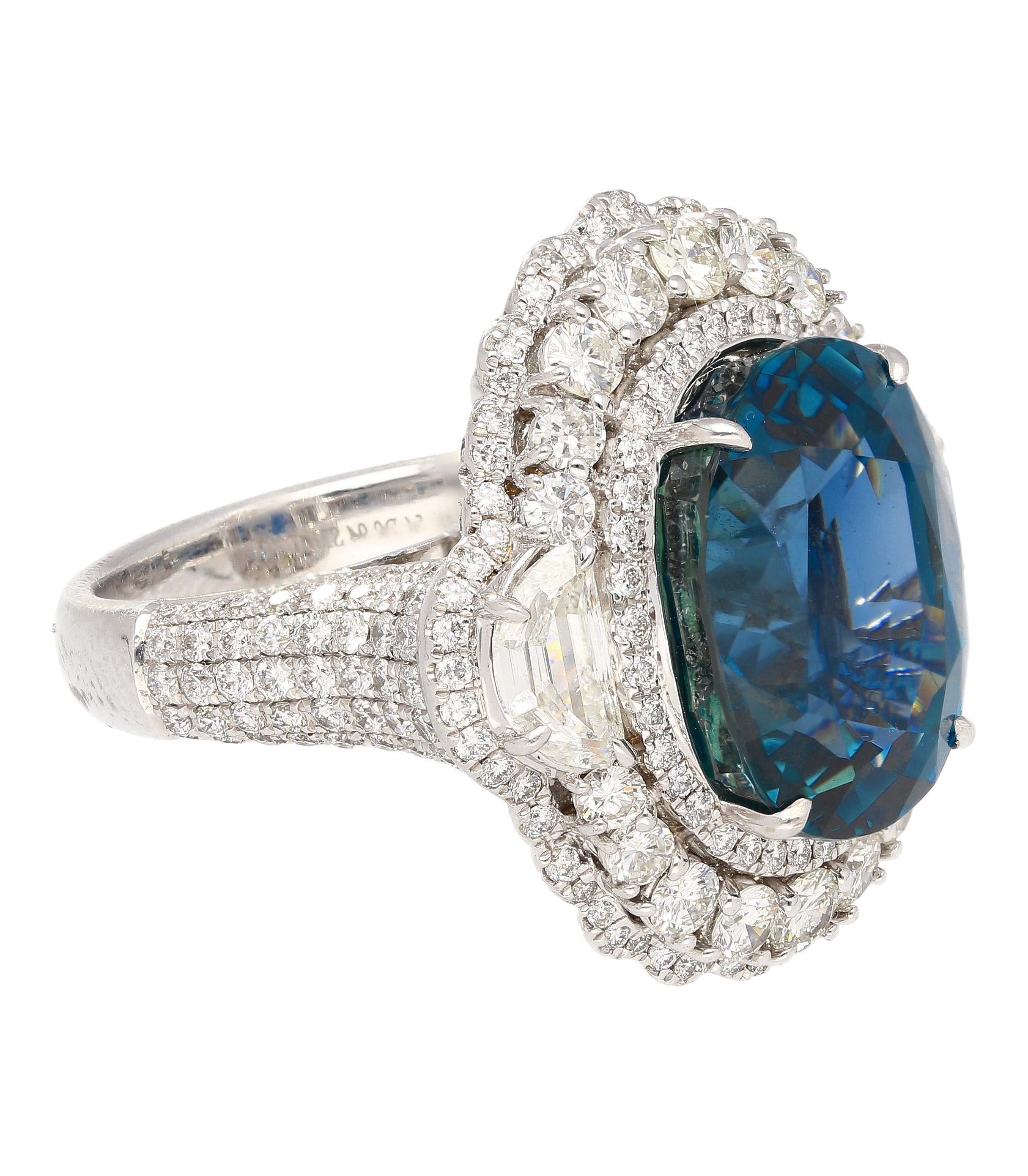 Women's GRS Certified 18 Carat No Heat Mogok Burma Oval Cut Blue Sapphire & Diamond Ring For Sale