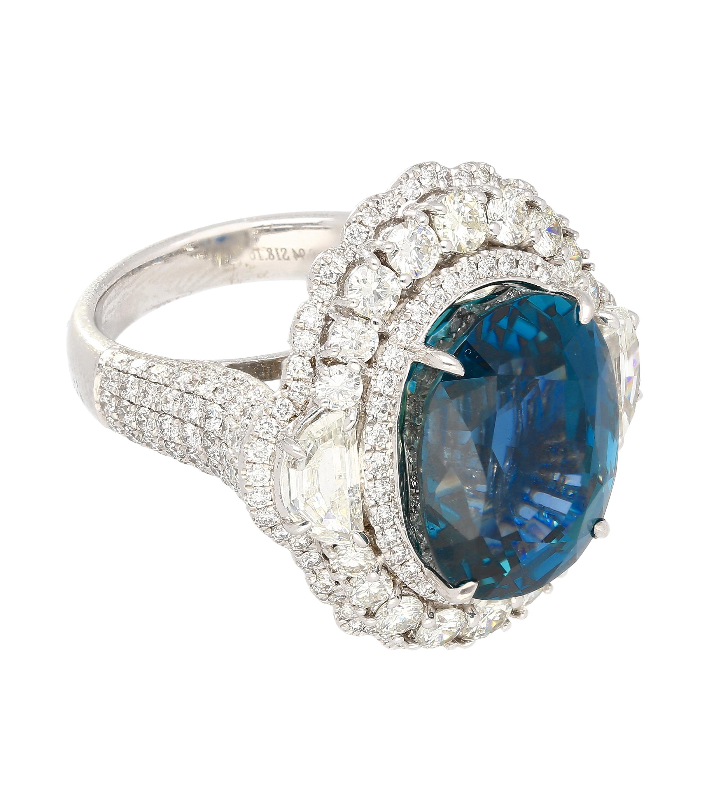 GRS Certified 18 Carat No Heat Mogok Burma Oval Cut Blue Sapphire & Diamond Ring For Sale 1