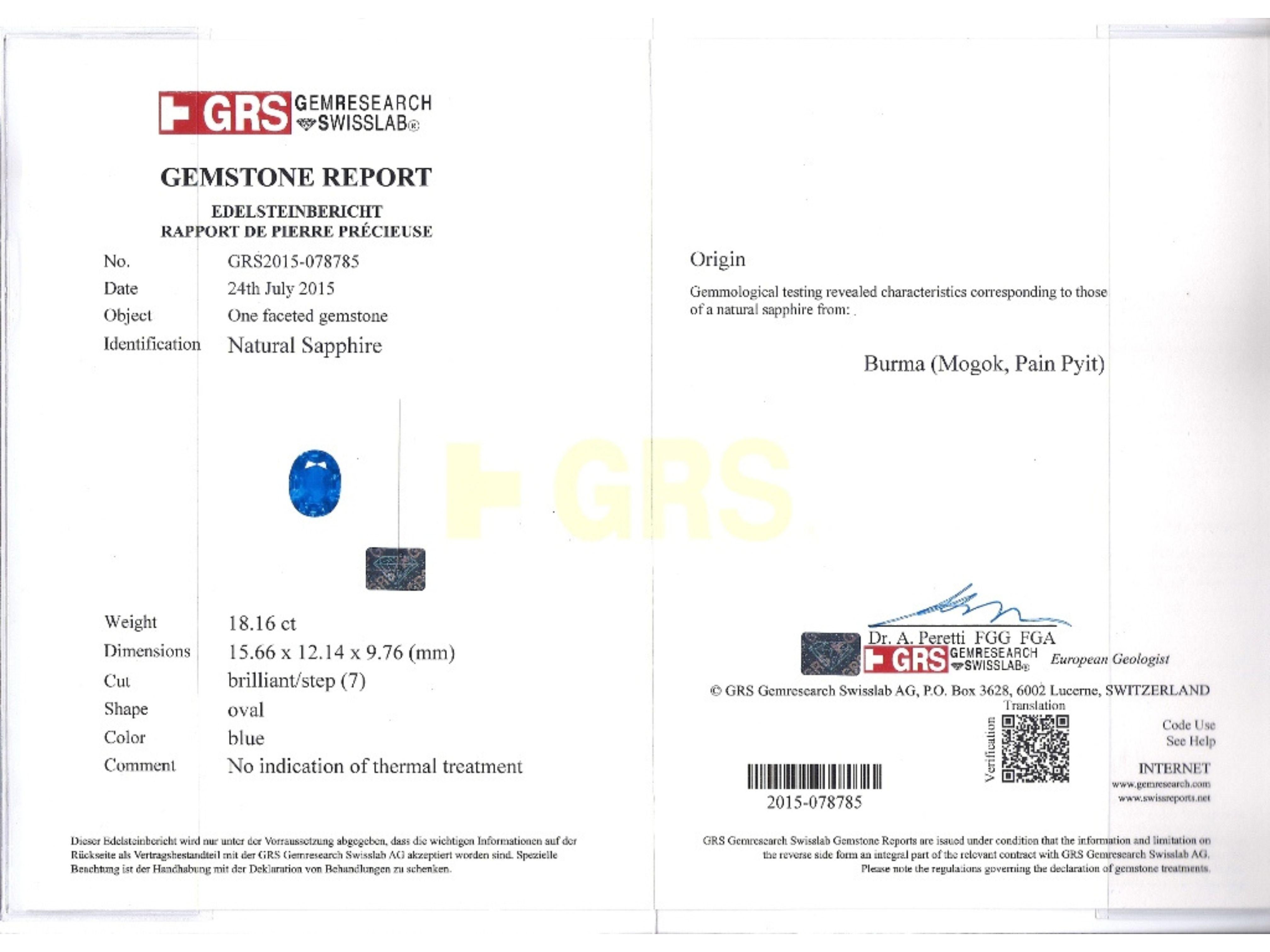 GRS Certified 18 Carat No Heat Mogok Burma Oval Cut Blue Sapphire & Diamond Ring For Sale 2