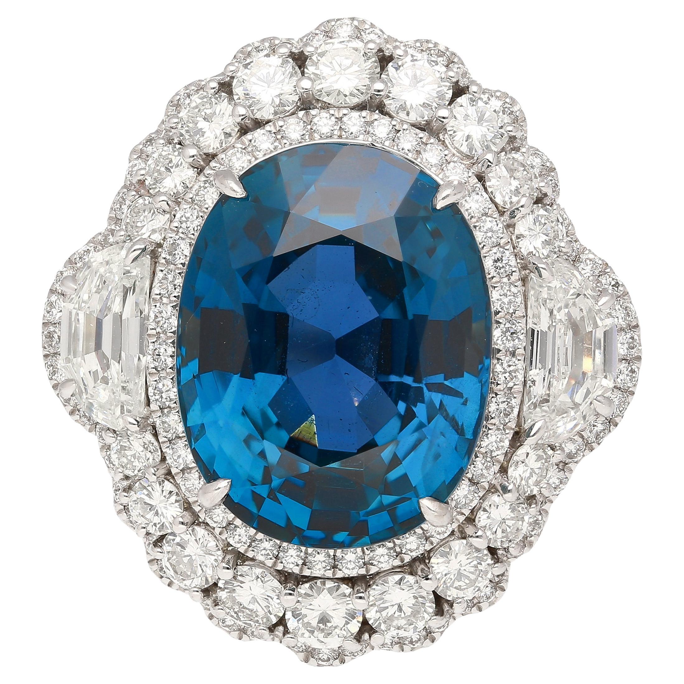 GRS Certified 18 Carat No Heat Mogok Burma Oval Cut Blue Sapphire & Diamond Ring