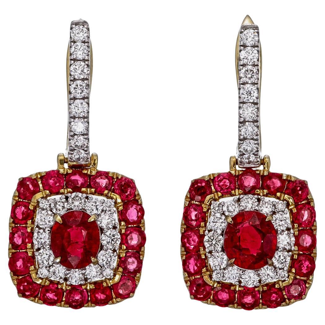 GRS Certified 1.82 Carat Burma Ruby Pigeon Bood And Diamond Earrings In 18k WG