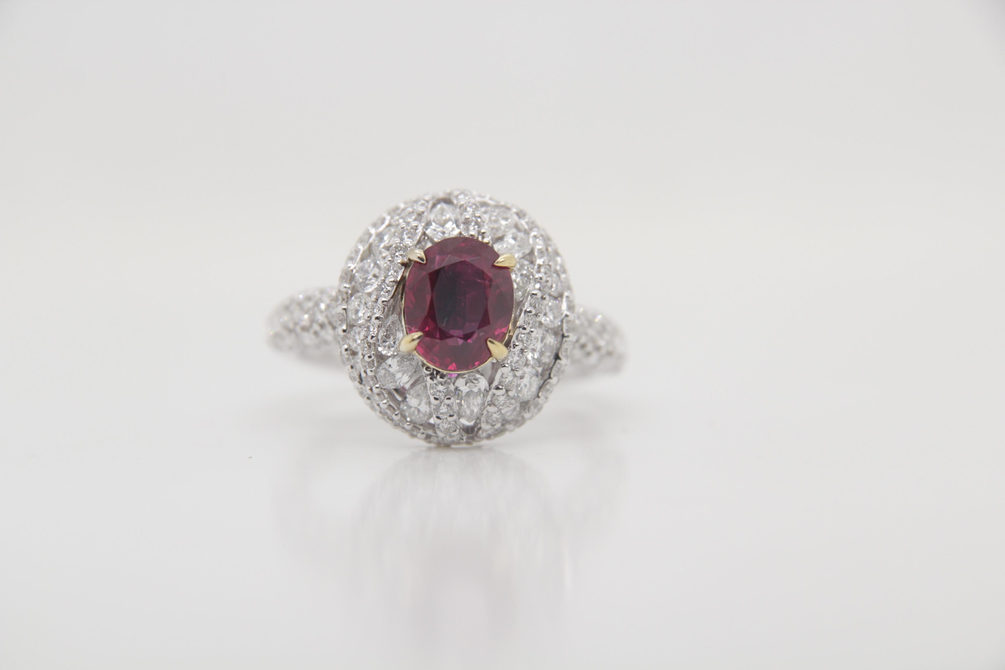 Oval Cut GRS Certified 1.83 Carat Burmese Ruby No Heat Pigeon Blood Ring in 18k Gold For Sale