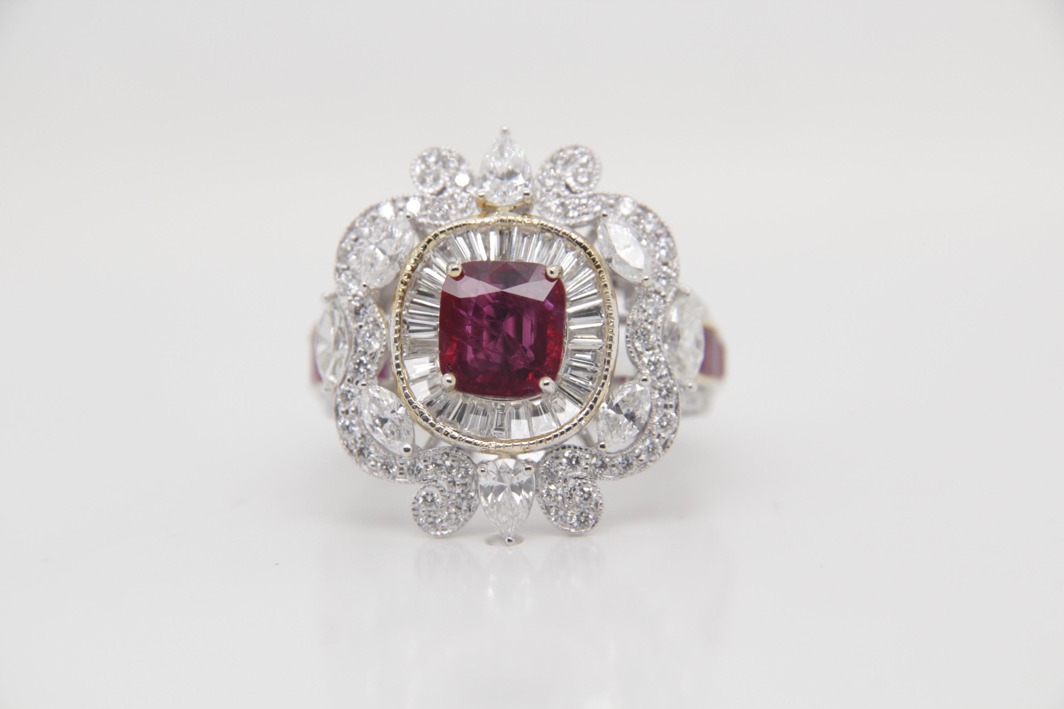 Cushion Cut GRS Certified 1.83 Carat Burmese Ruby No Heat Pigeon Blood Ring in 18k Gold For Sale