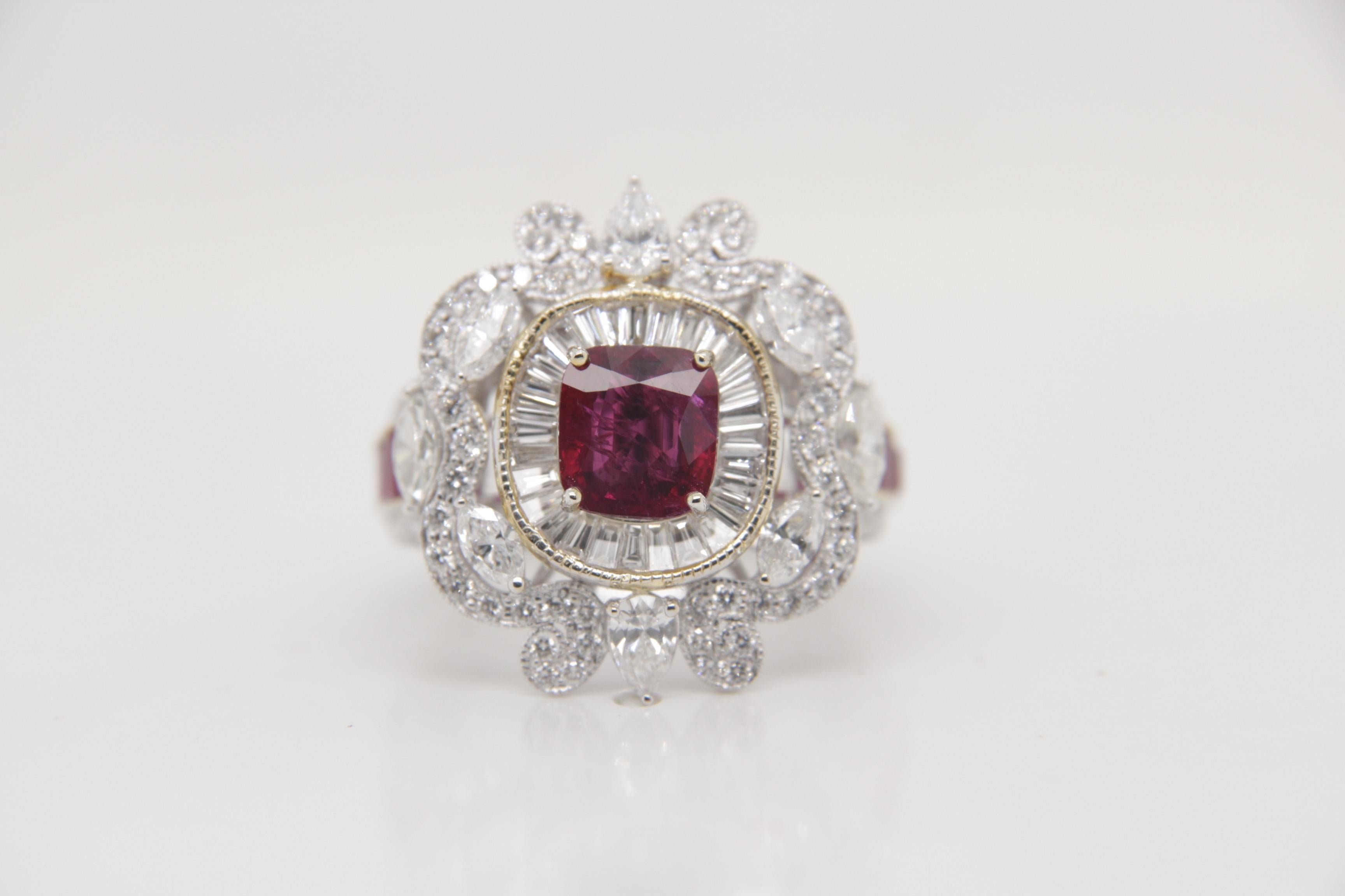 GRS Certified 1.83 Carat Burmese Ruby No Heat Pigeon Blood Ring in 18k Gold For Sale 2