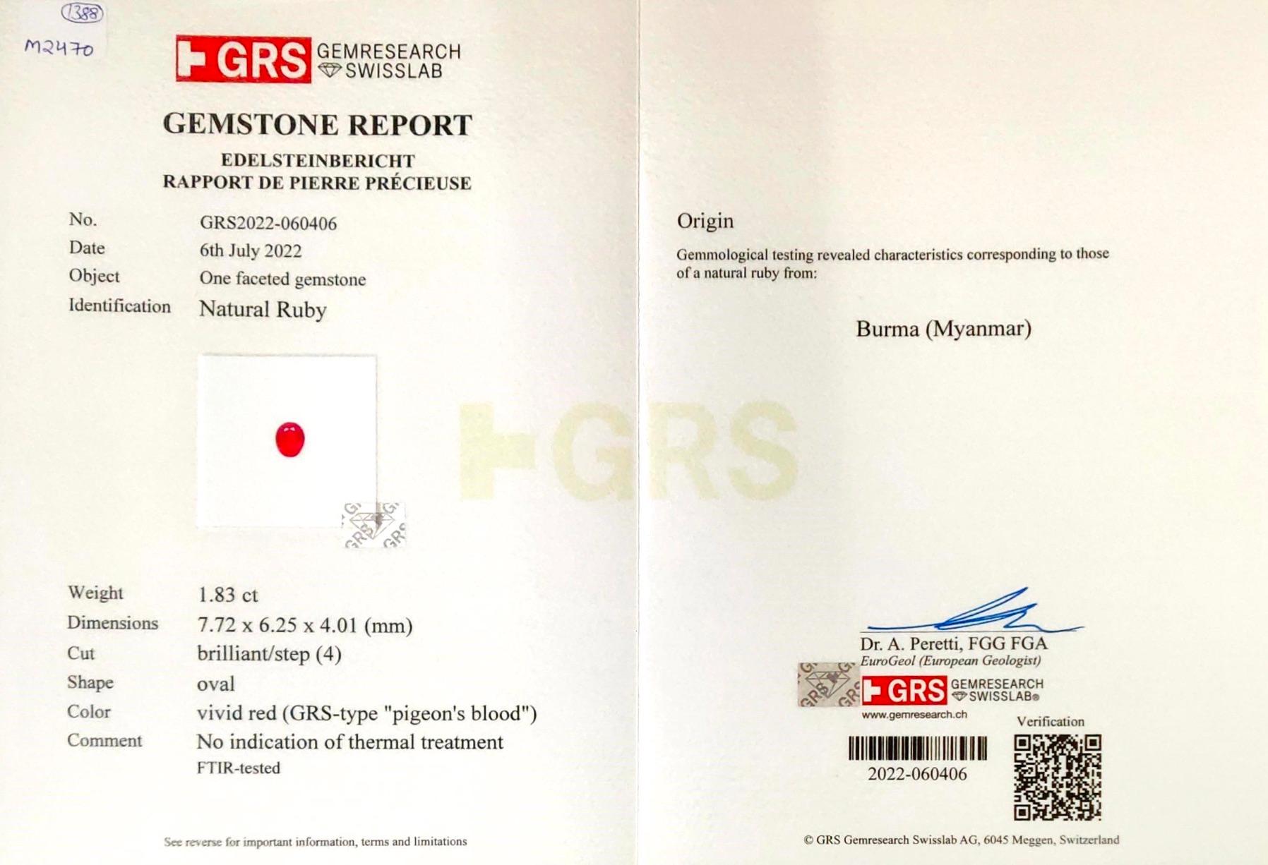 Bague sang de pigeon en or 18 carats avec rubis birman certifié GRS de 1,83 carat, sans chaleur en vente 3