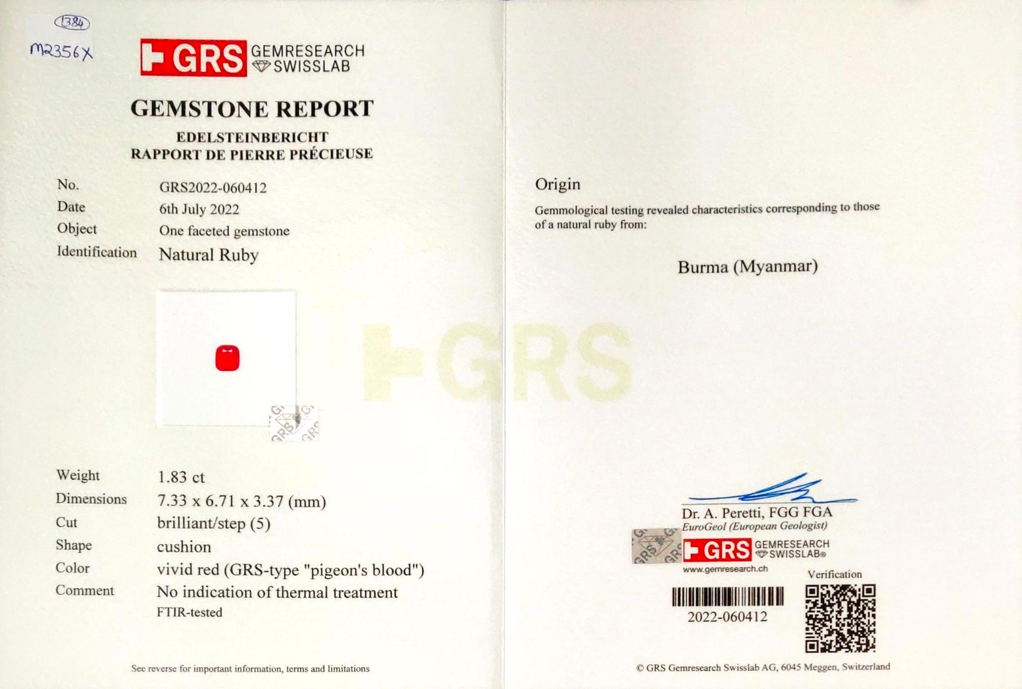 GRS-zertifizierter 1,83 Karat burmesischer Rubin ohne Hitze Taubenblutring aus 18k Gold im Angebot 3