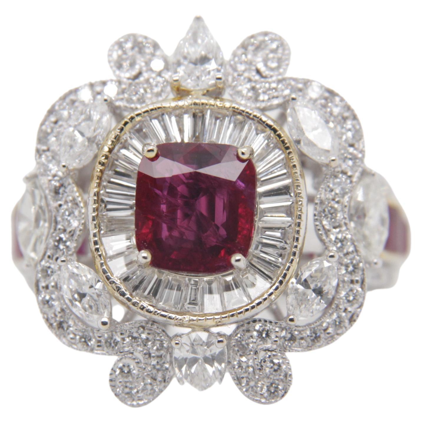Anillo de sangre de paloma con rubí birmano sin calor certificado GRS de 1,83 quilates en oro de 18 quilates