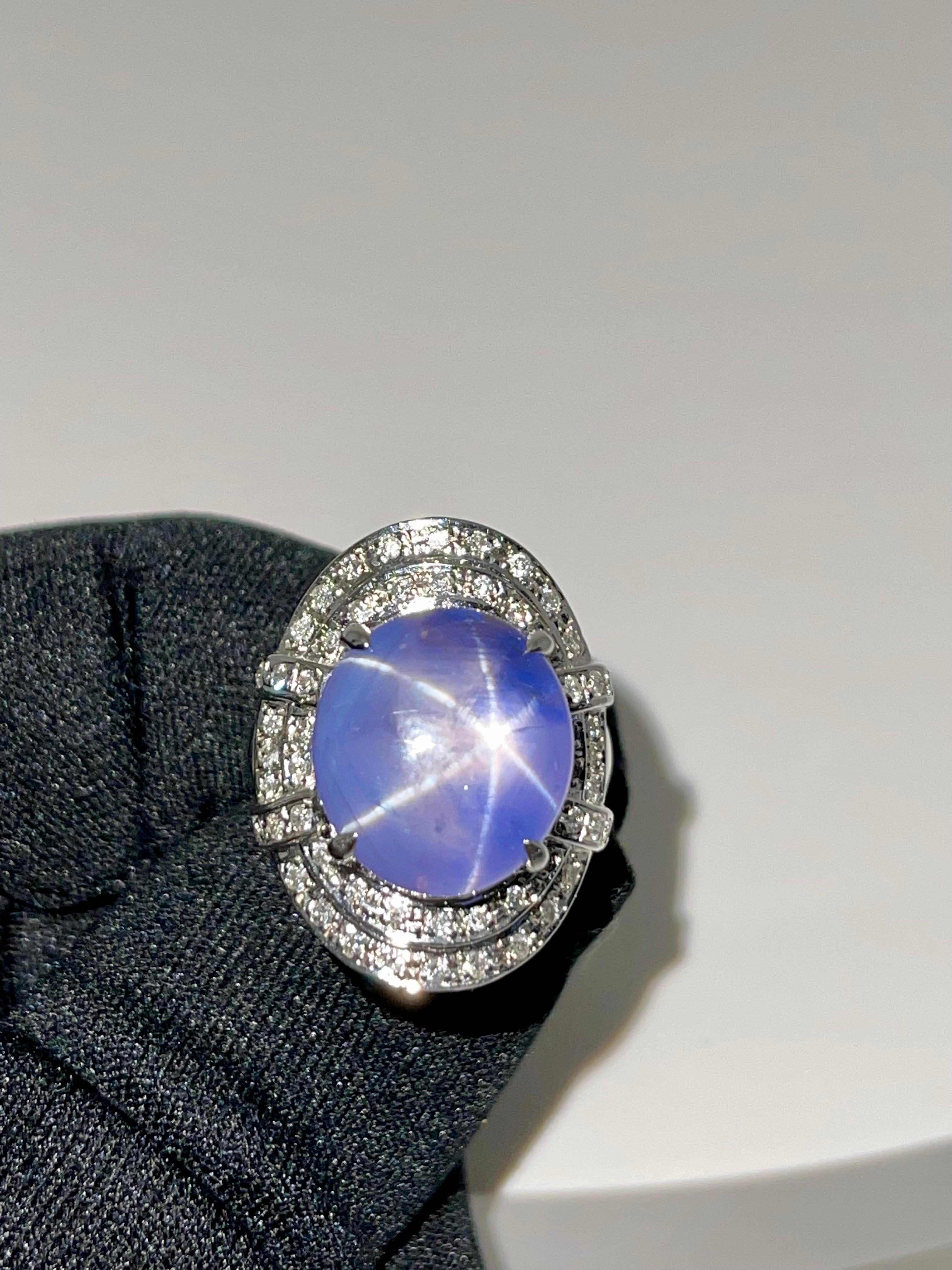 GRS Certified 19 Carats Pastel Blue Star Sapphire & Diamond Ring, Strong Star 4