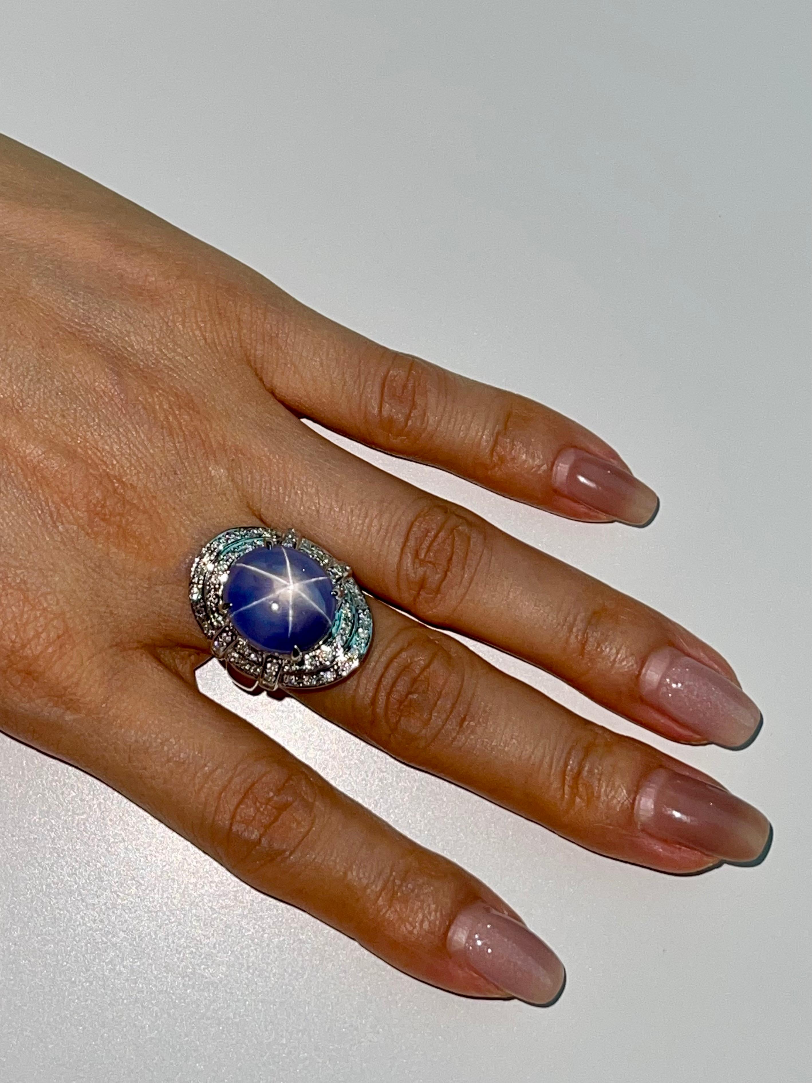 GRS Certified 19 Carats Pastel Blue Star Sapphire & Diamond Ring, Strong Star 6
