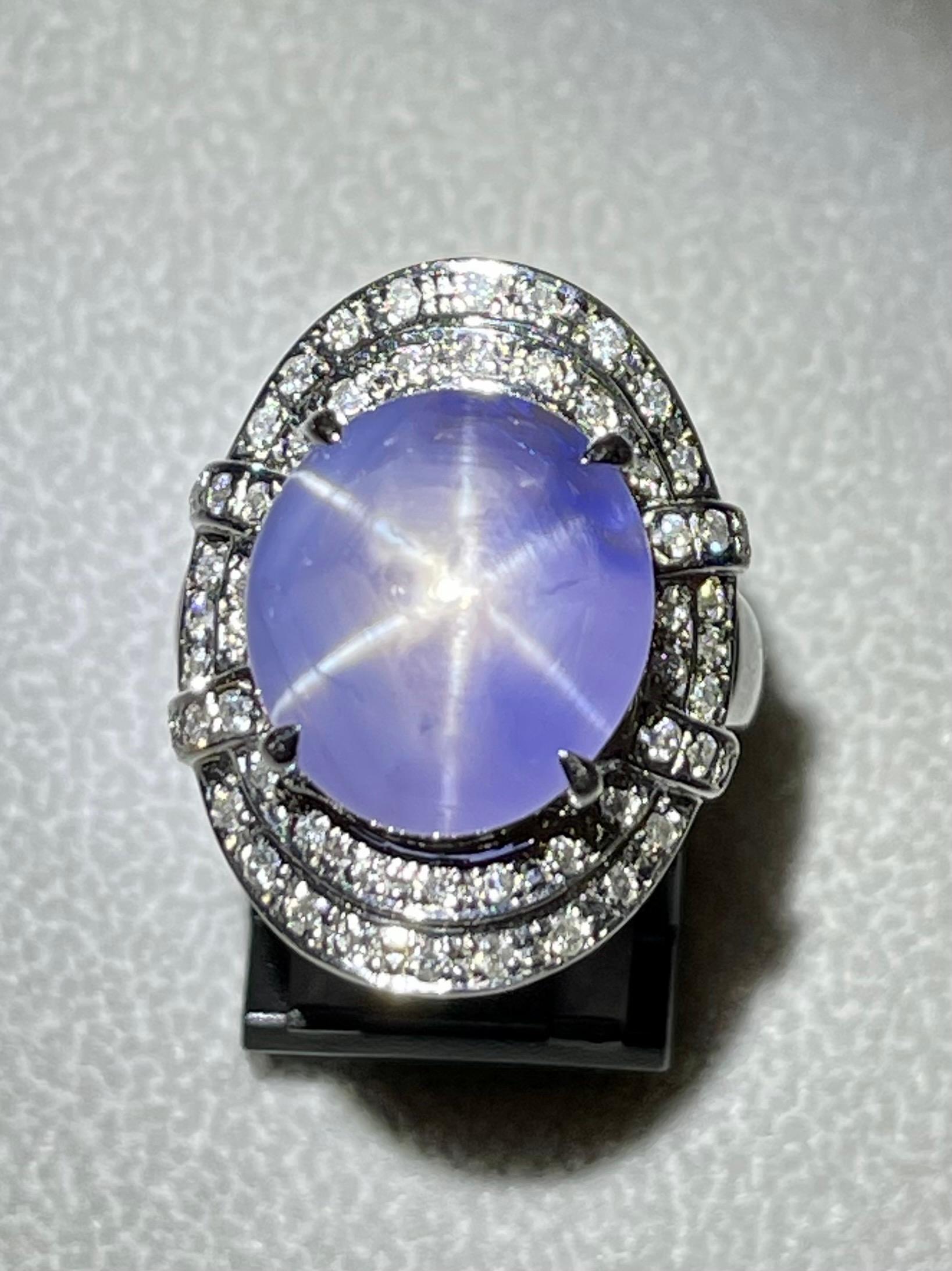 GRS Certified 19 Carats Pastel Blue Star Sapphire & Diamond Ring, Strong Star 8