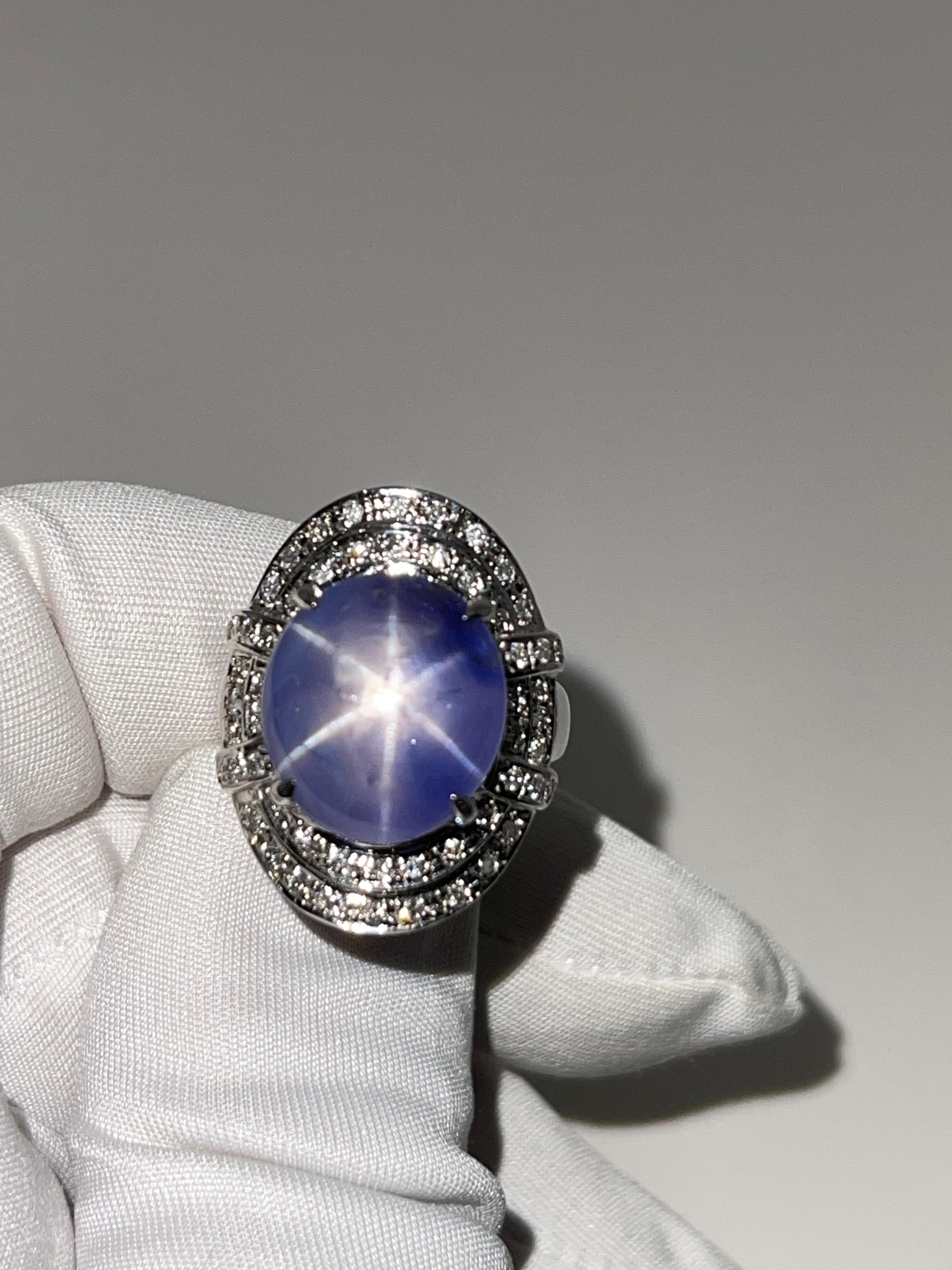 GRS Certified 19 Carats Pastel Blue Star Sapphire & Diamond Ring, Strong Star 10
