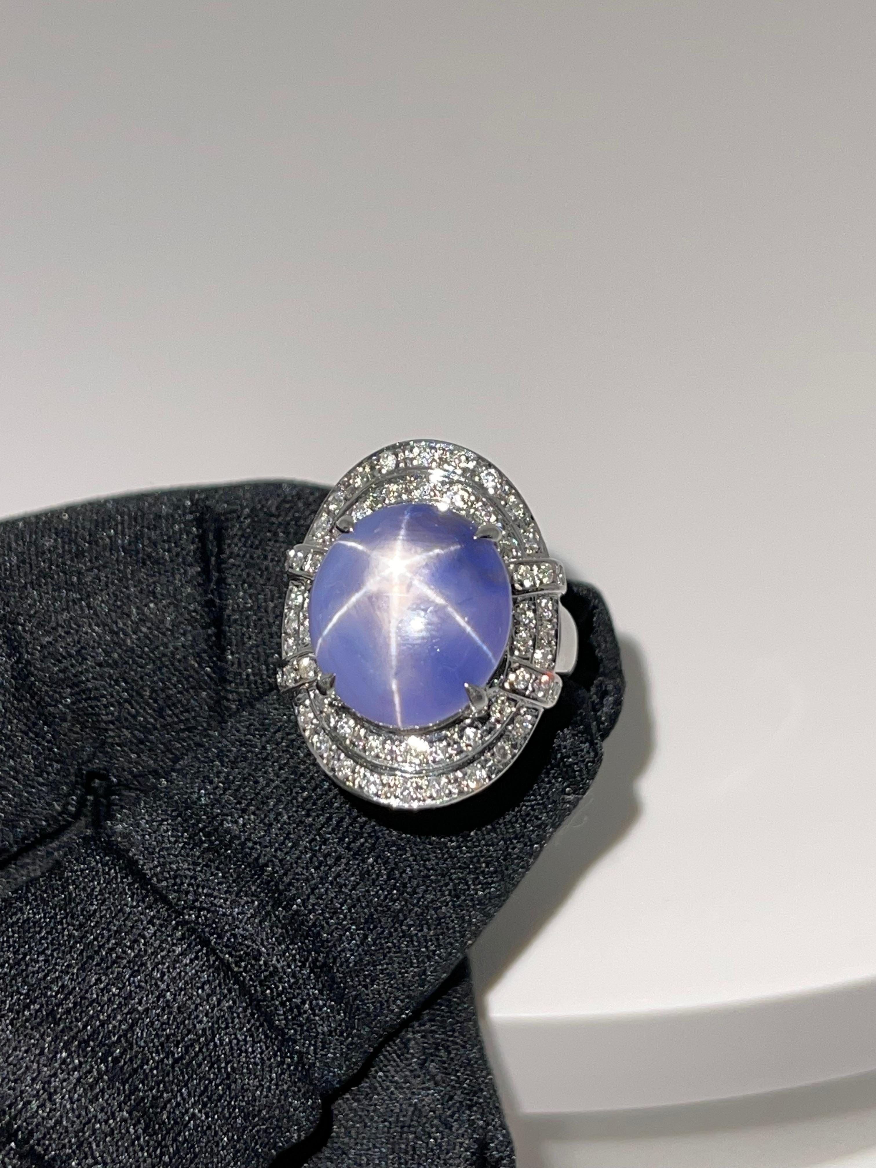GRS Certified 19 Carats Pastel Blue Star Sapphire & Diamond Ring, Strong Star 12