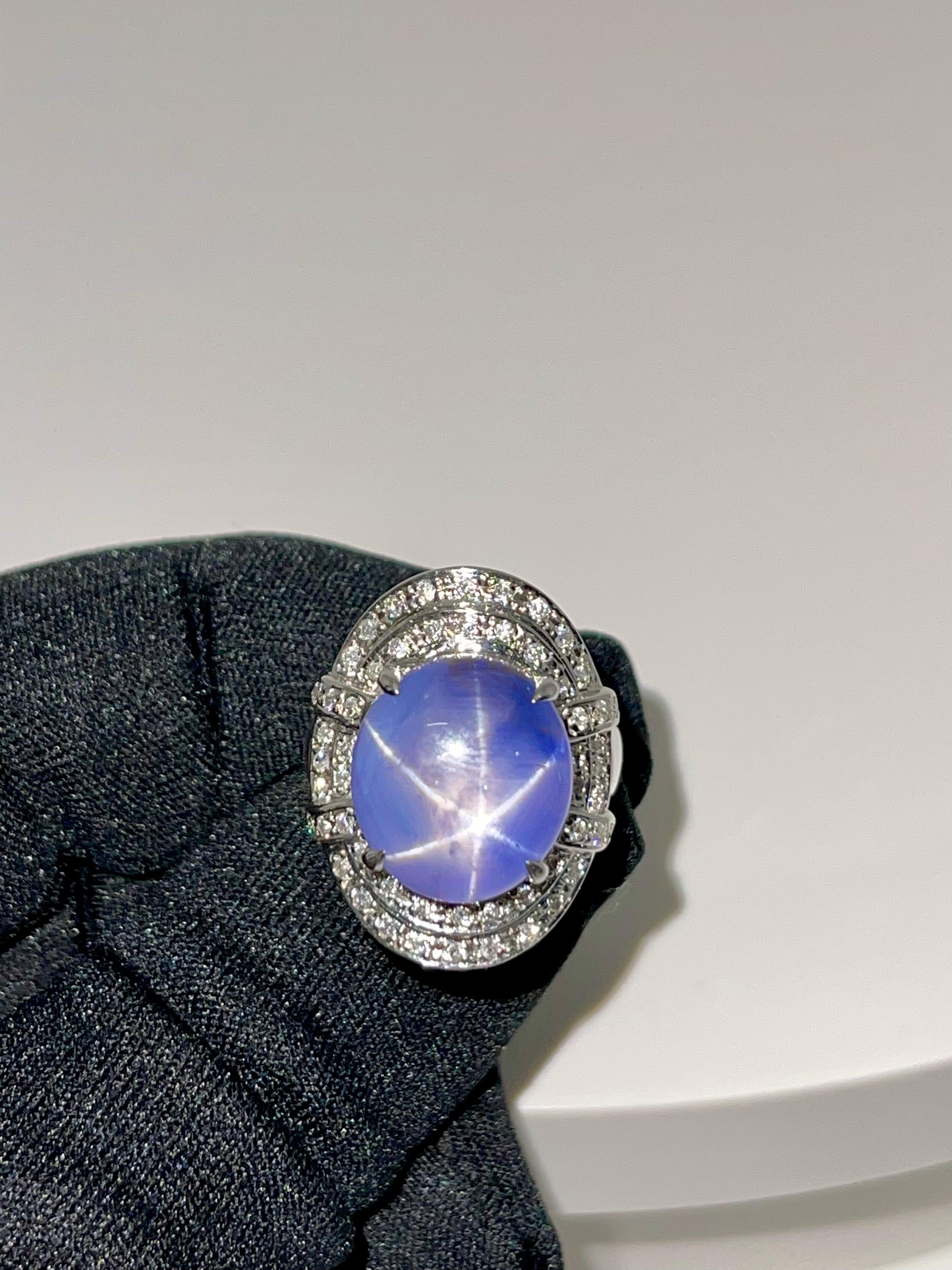 Cabochon GRS Certified 19 Carats Pastel Blue Star Sapphire & Diamond Ring, Strong Star
