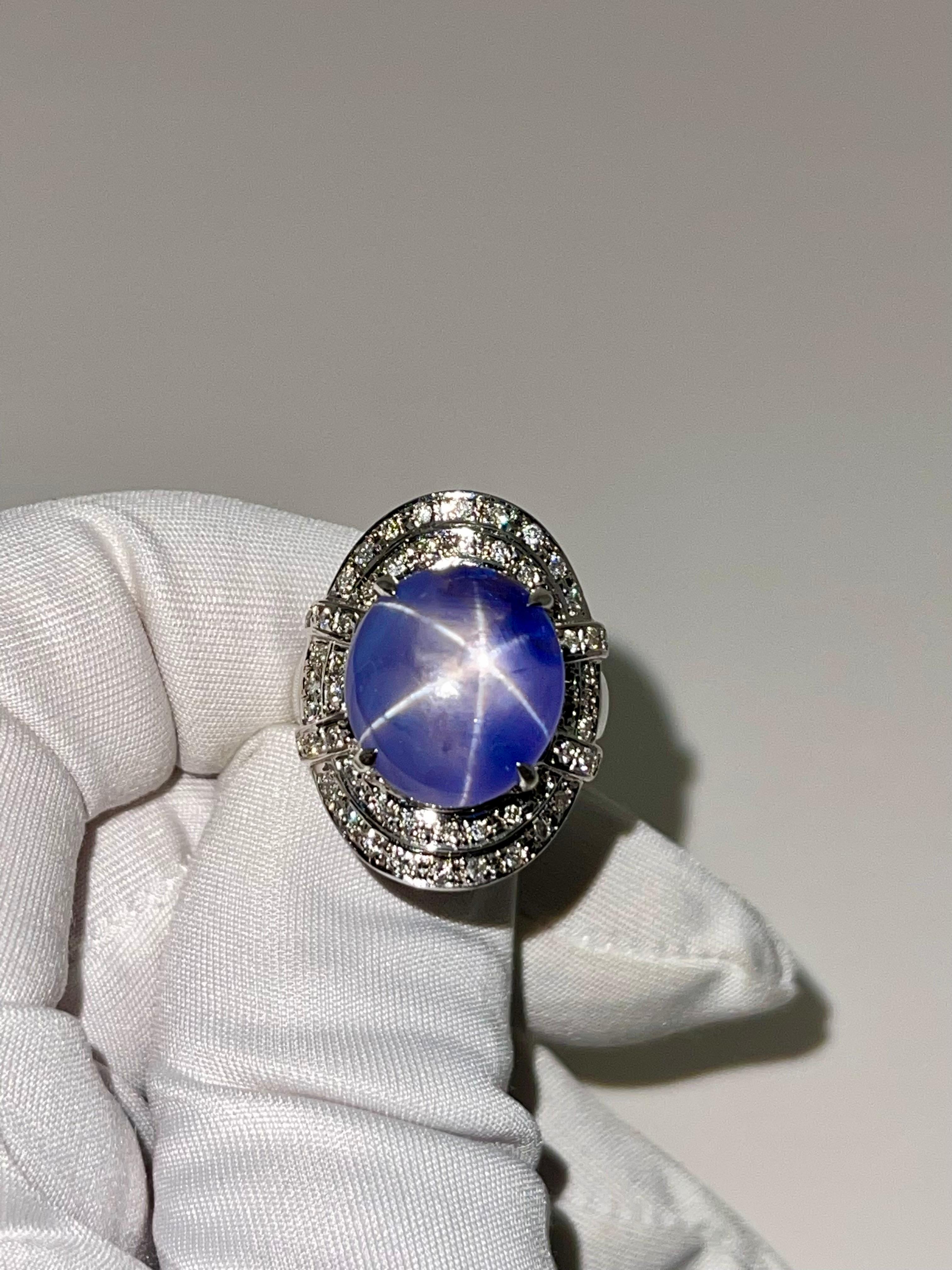 Women's GRS Certified 19 Carats Pastel Blue Star Sapphire & Diamond Ring, Strong Star