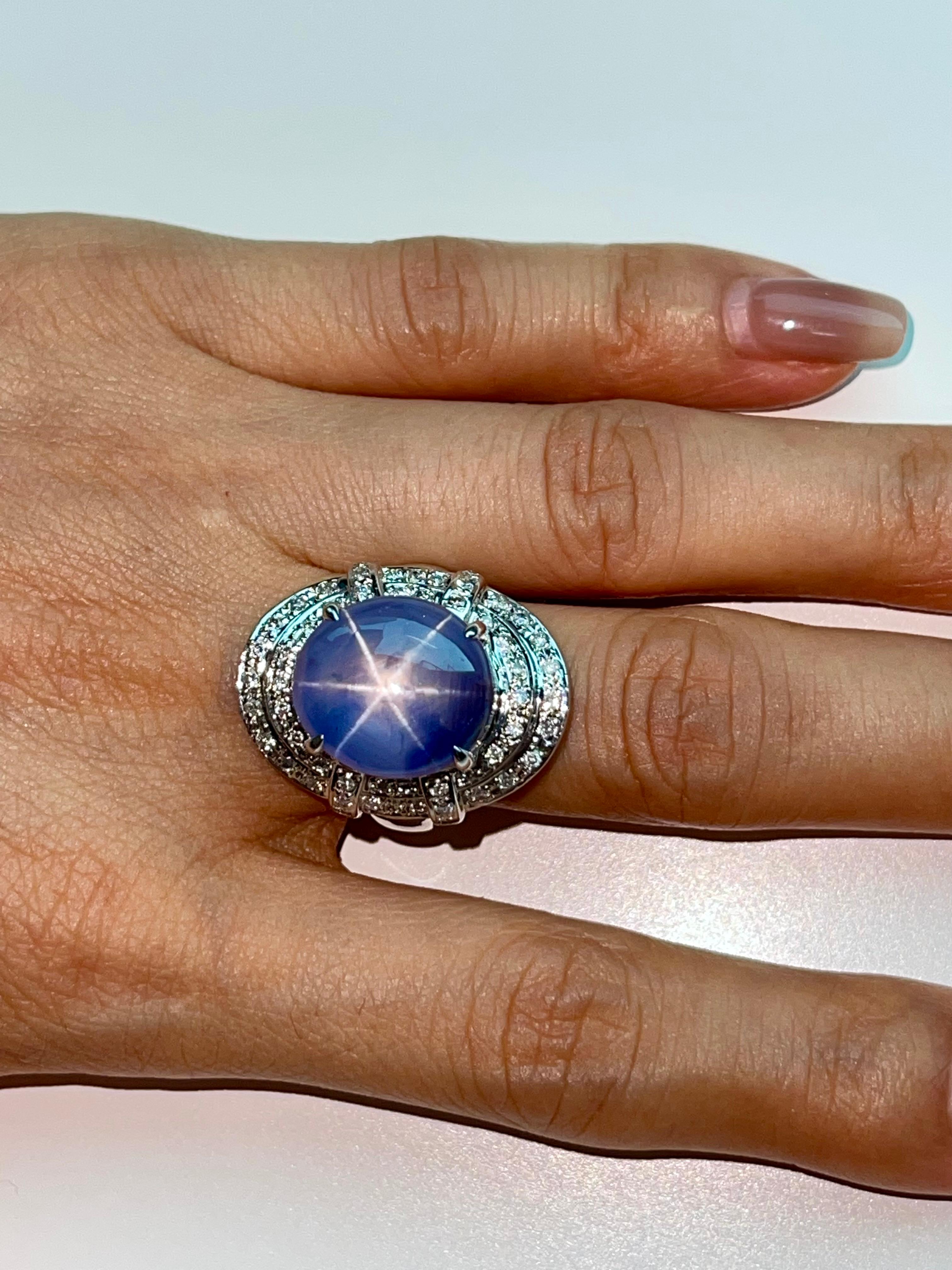 GRS Certified 19 Carats Pastel Blue Star Sapphire & Diamond Ring, Strong Star 2