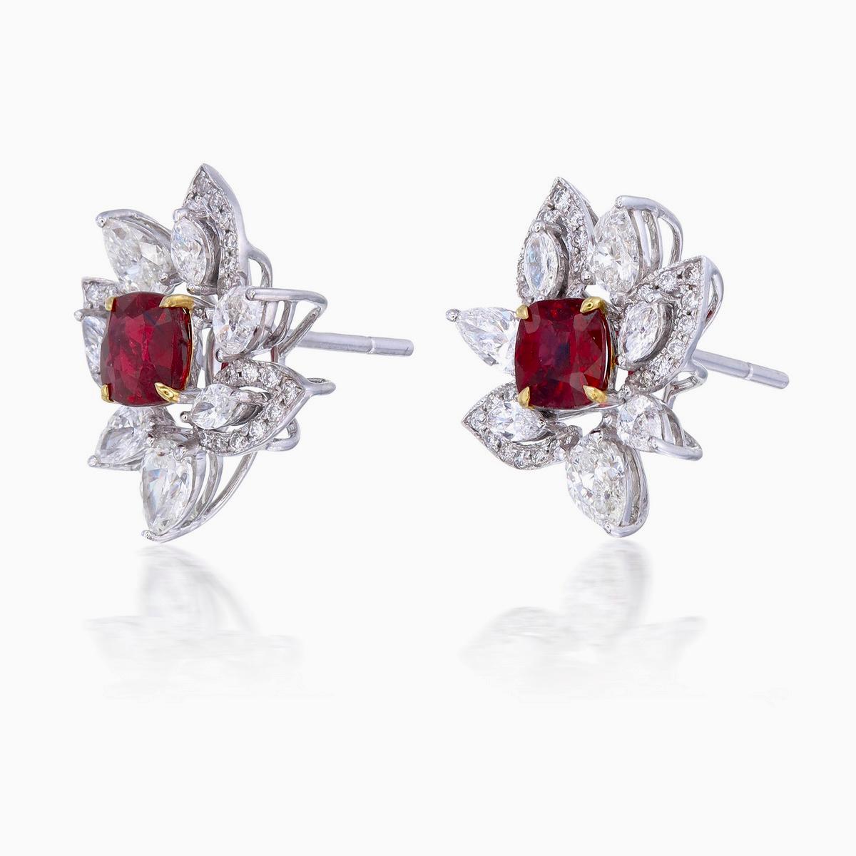 Presenting an exquisite creation from Rewa Jewelry, these ruby and diamond earrings are a testament to the brand's commitment to timeless elegance and superior craftsmanship, drawing inspiration from classic themes.

At the heart of these earrings