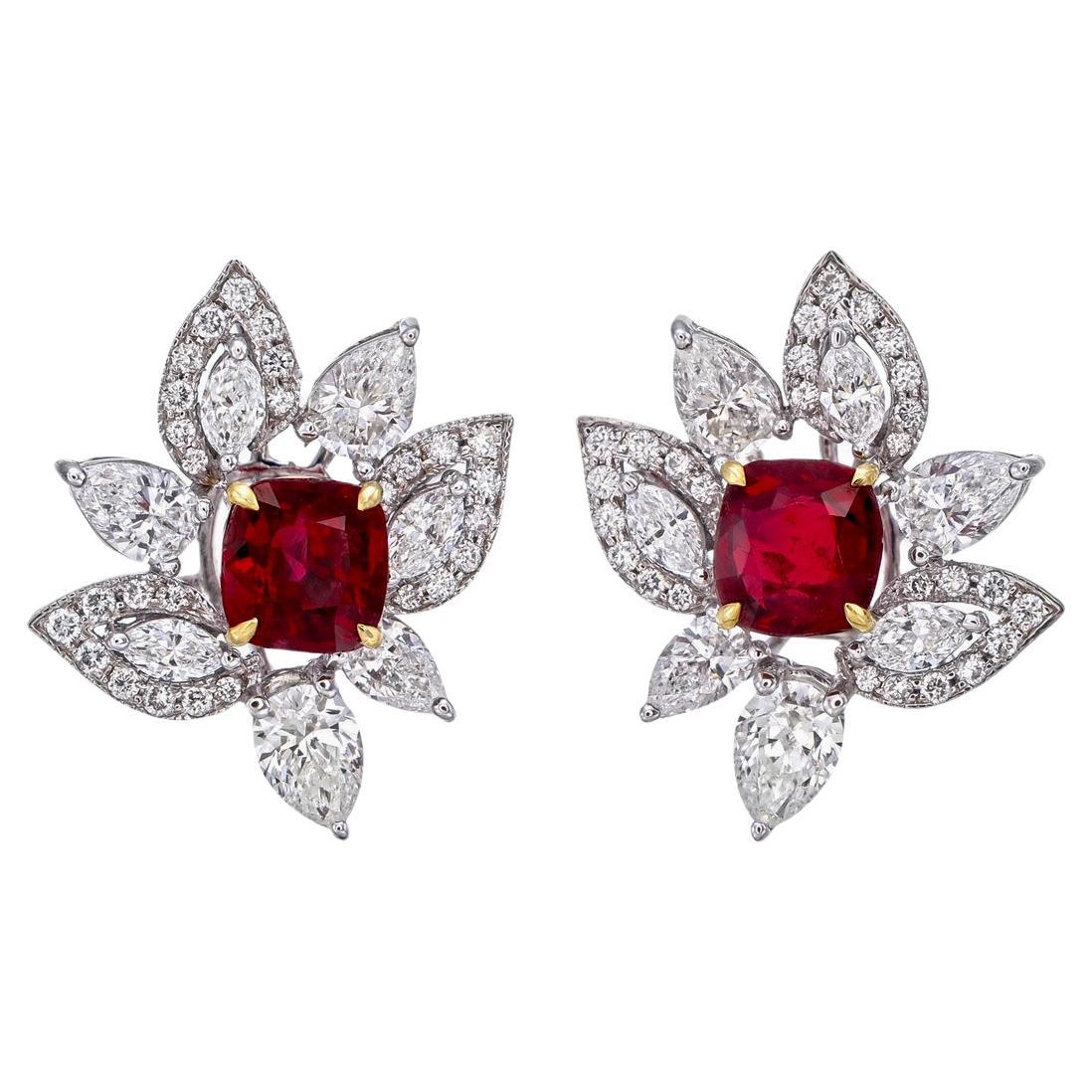 GRS Certified 1.91 Carat Pigeon Blood Burmese No Heat Ruby and Diamond Earring For Sale