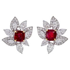 GRS Certified 1.91 Carat Pigeon Blood Burmese No Heat Ruby and Diamond Earring