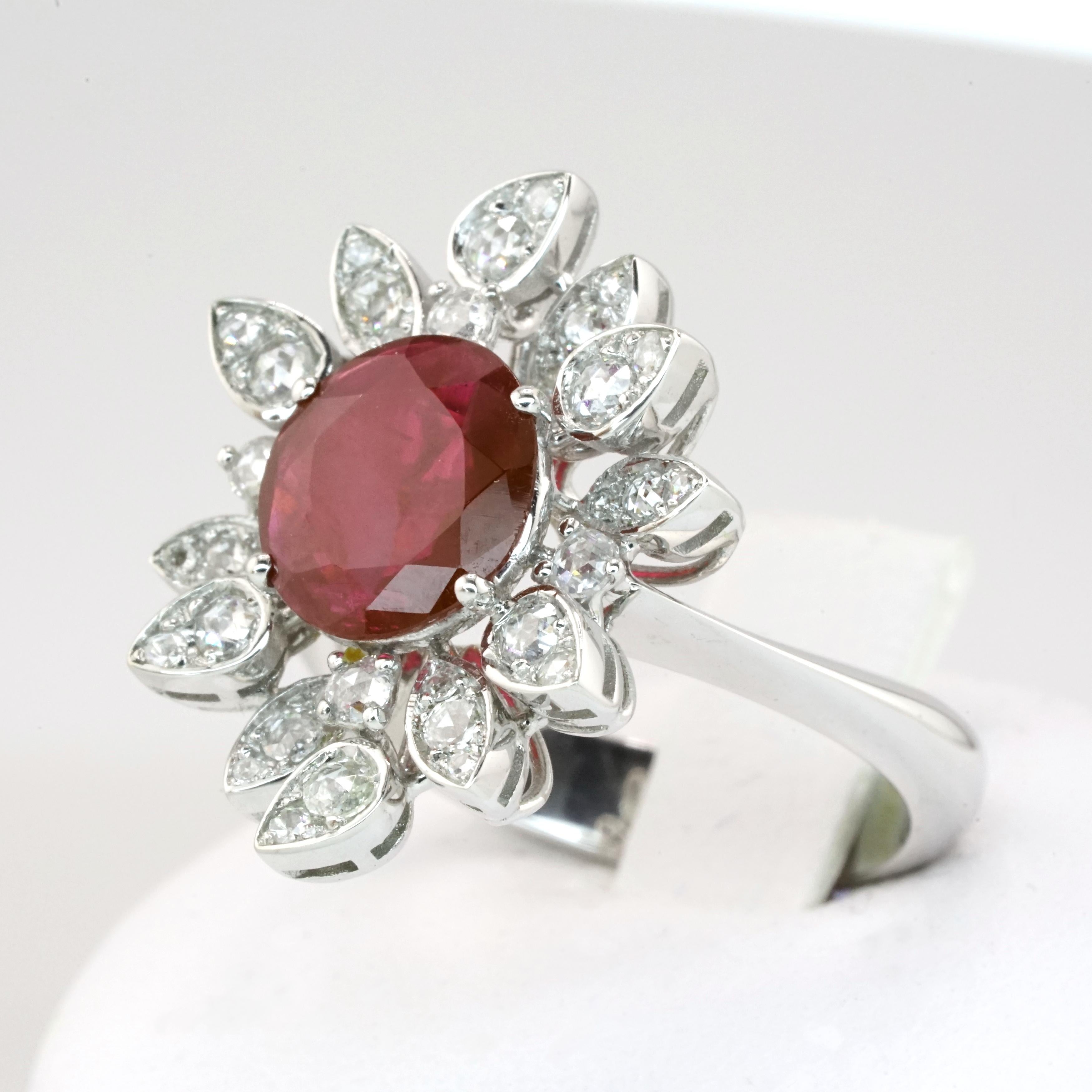GRS Certified 1.93 Carat Unheated Oval Burma Ruby 18K White Gold Ring In New Condition For Sale In Chicago, IL