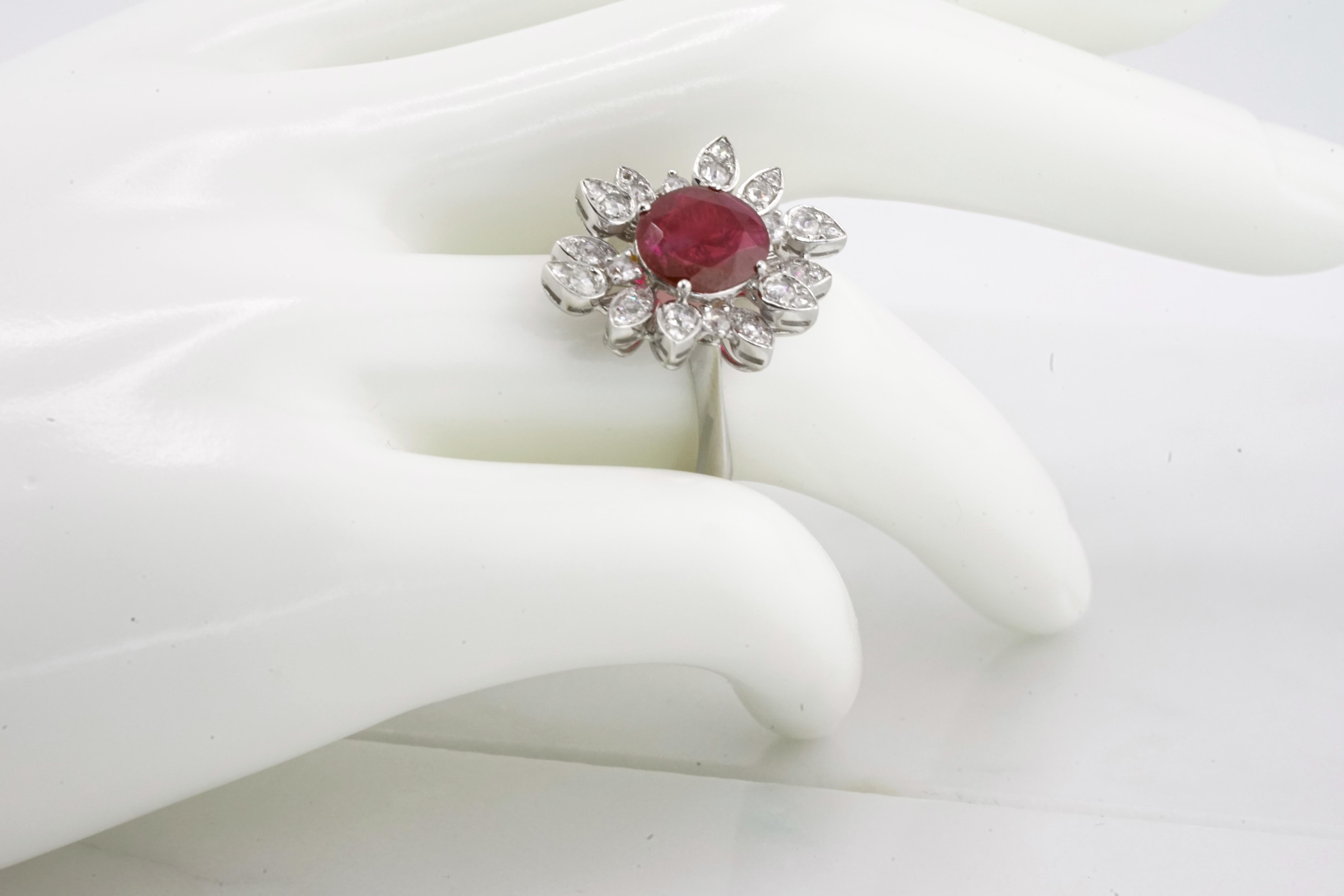 GRS Certified 1.93 Carat Unheated Oval Burma Ruby 18K White Gold Ring For Sale 2