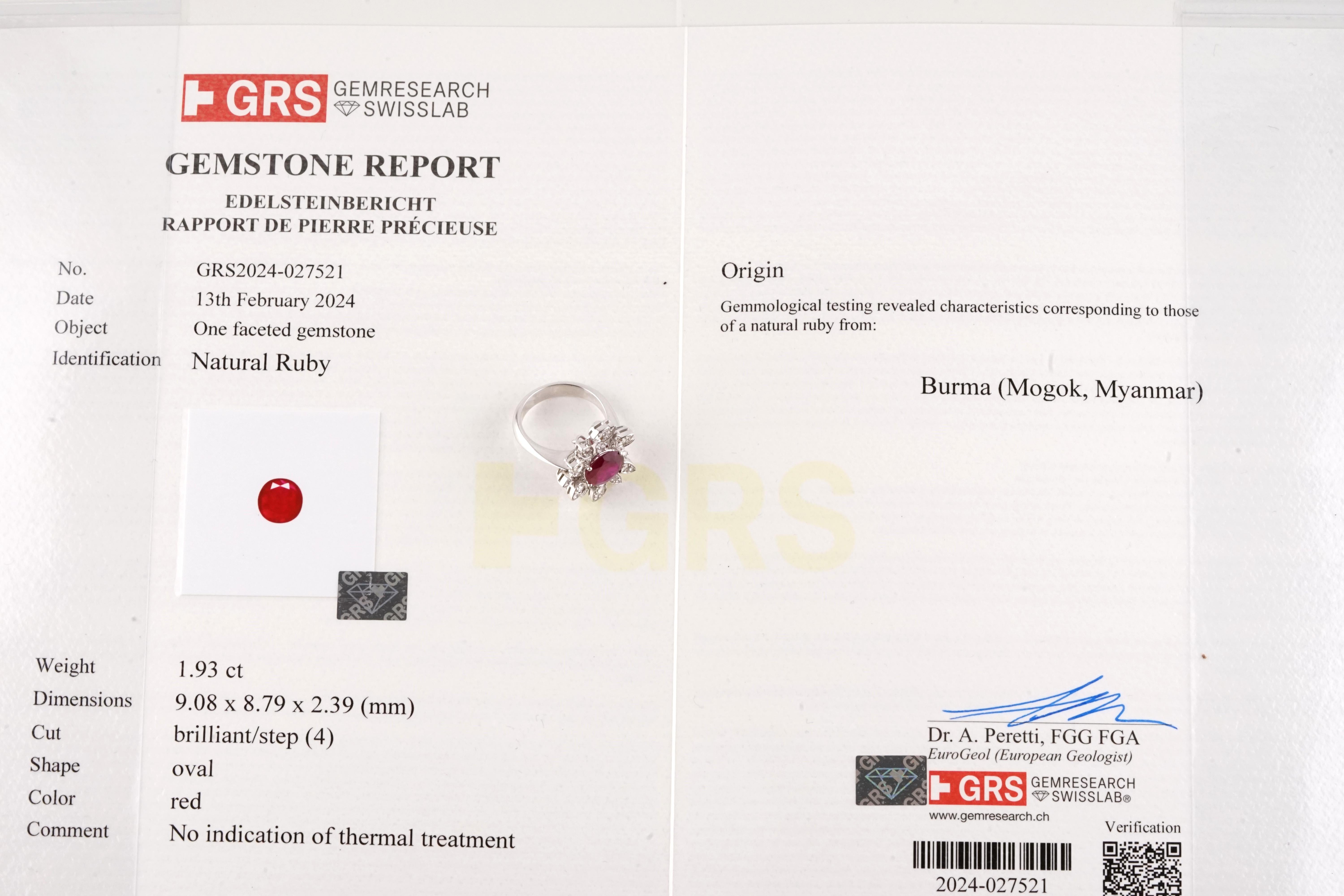 GRS Certified 1.93 Carat Unheated Oval Burma Ruby 18K White Gold Ring For Sale 3