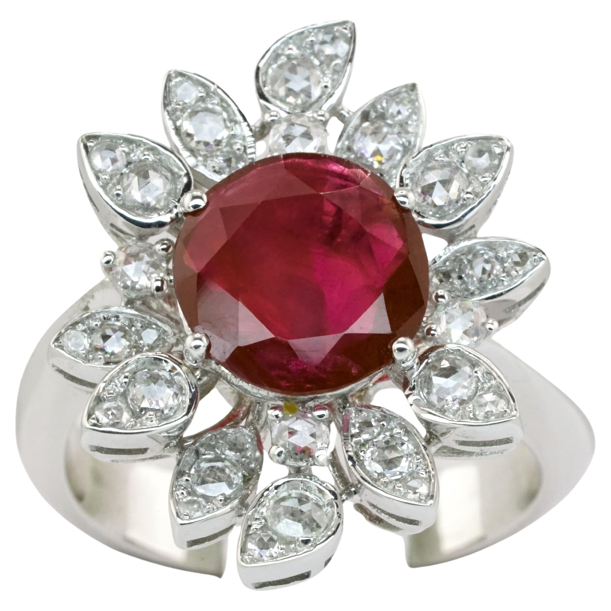 GRS Certified 1.93 Carat Unheated Oval Burma Ruby 18K White Gold Ring For Sale