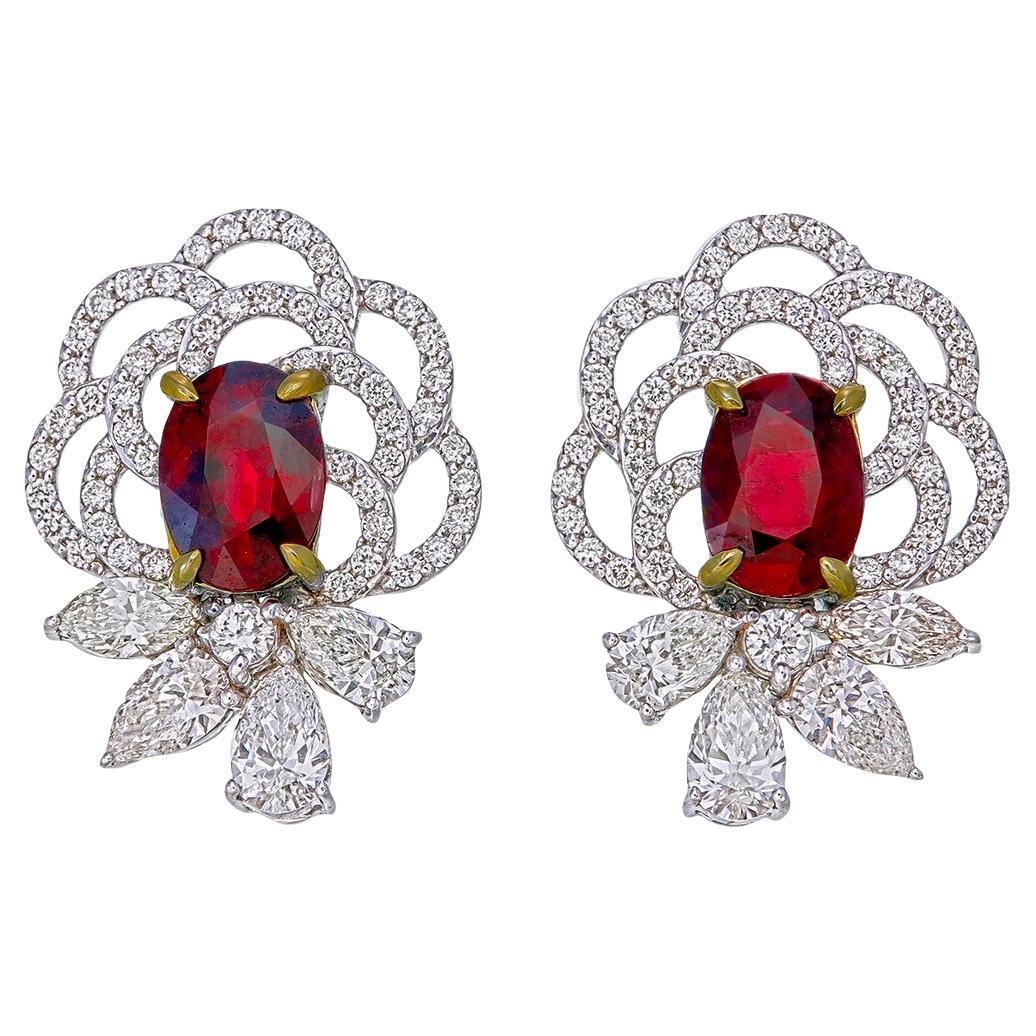GRS Certified 1.93 Carats Pigeon Blood Oval Cut Ruby Earrings in 18K W/G