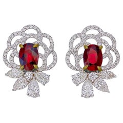 Boucles d'oreilles certifiées GRS 1.93 Carats Pigeon Blood Oval Cut Ruby en 18K W/G