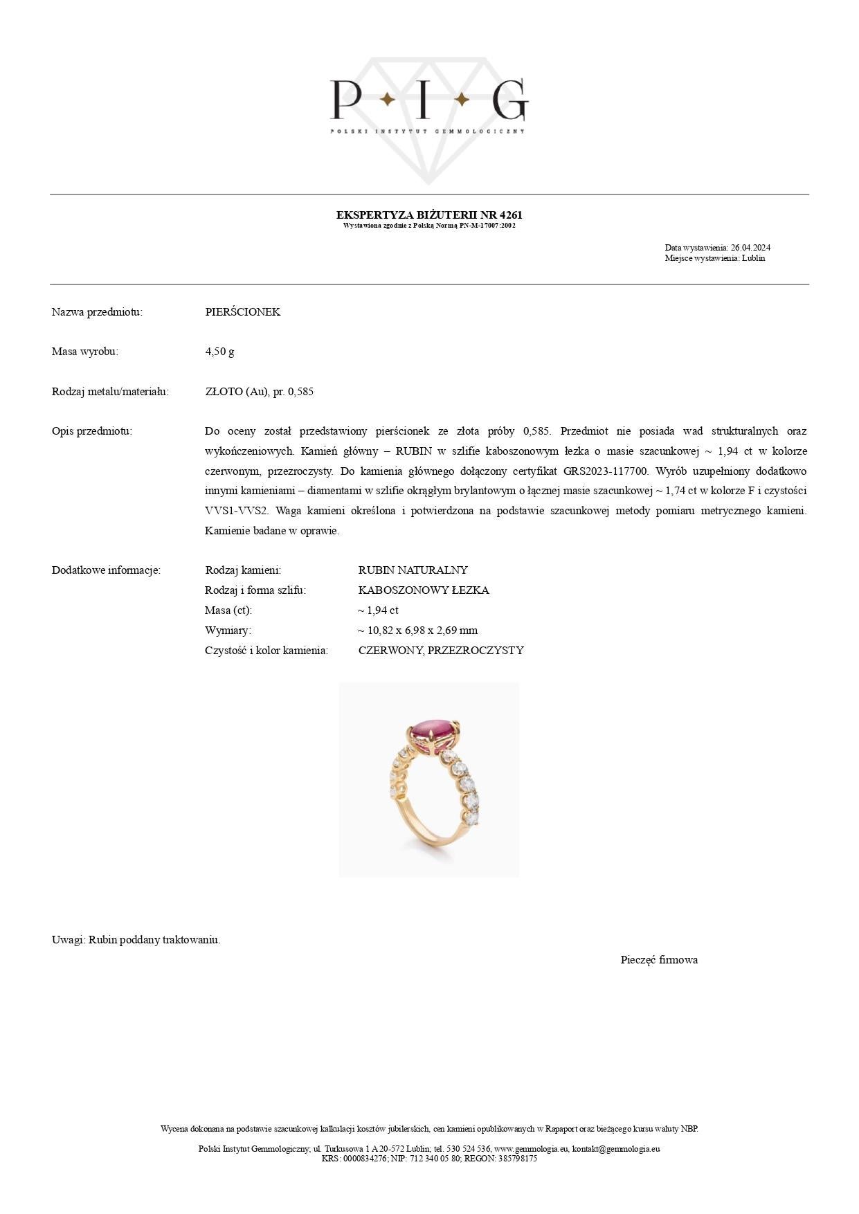 Bague en or jaune 14 carats certifiée GRS avec rubis de 1,94 carat et diamant de 1,74 carat Neuf - En vente à Warszawa, PL
