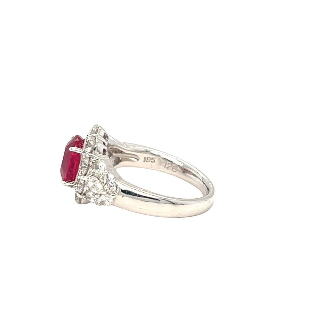 Oval Cut GRS Certified 1.95 Carat Pigeon's Blood Burmese Ruby and Diamond Platinum Ring For Sale