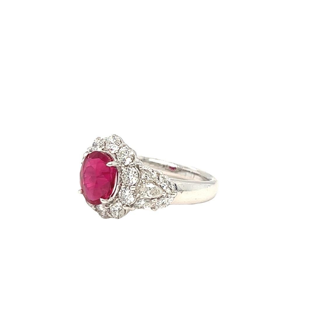 Women's GRS Certified 1.95 Carat Pigeon's Blood Burmese Ruby and Diamond Platinum Ring For Sale