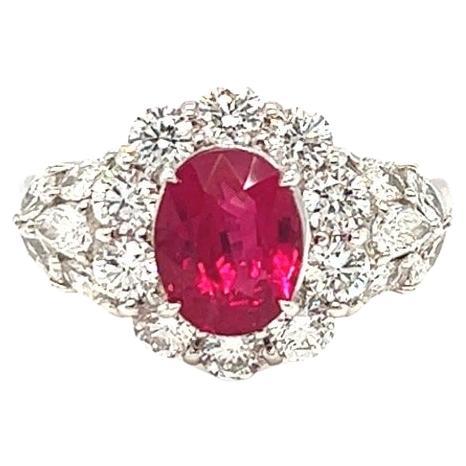 GRS Certified 1.95 Carat Pigeon's Blood Burmese Ruby and Diamond Platinum Ring For Sale