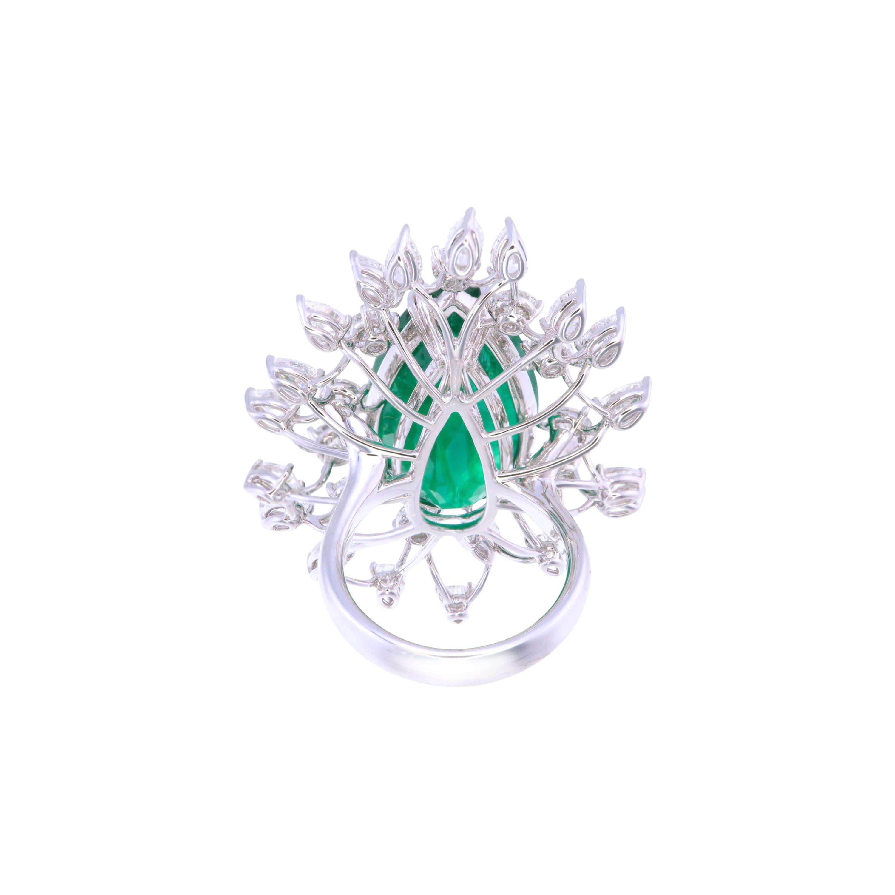 Pear Cut GRS Certified 19.62 Carats Zambian Emerald & Diamond Cocktail Ring For Sale