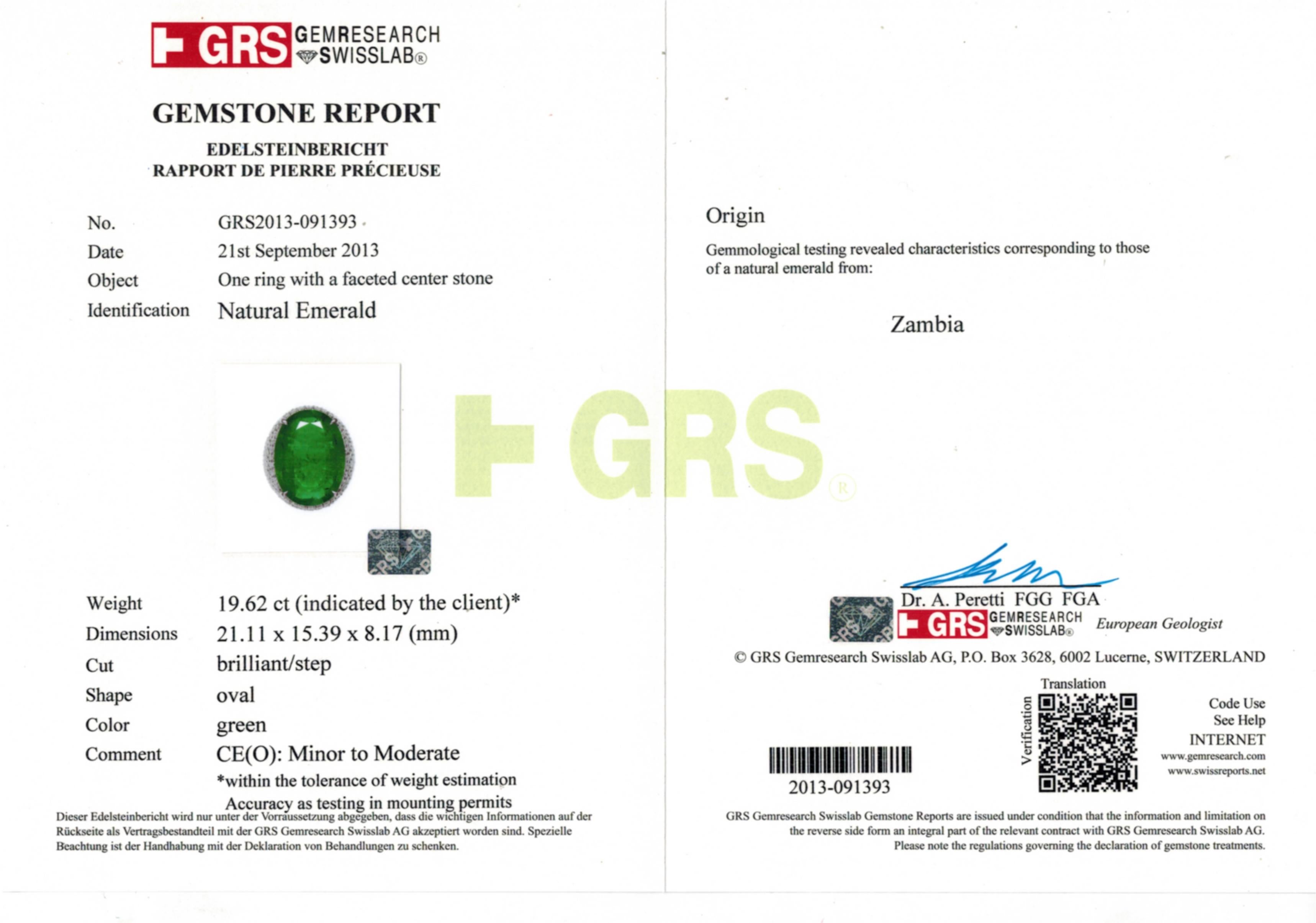 GRS Certified 19.62 Carats Zambian Emerald & Diamond Cocktail Ring In New Condition For Sale In Bangkok, Bangkok