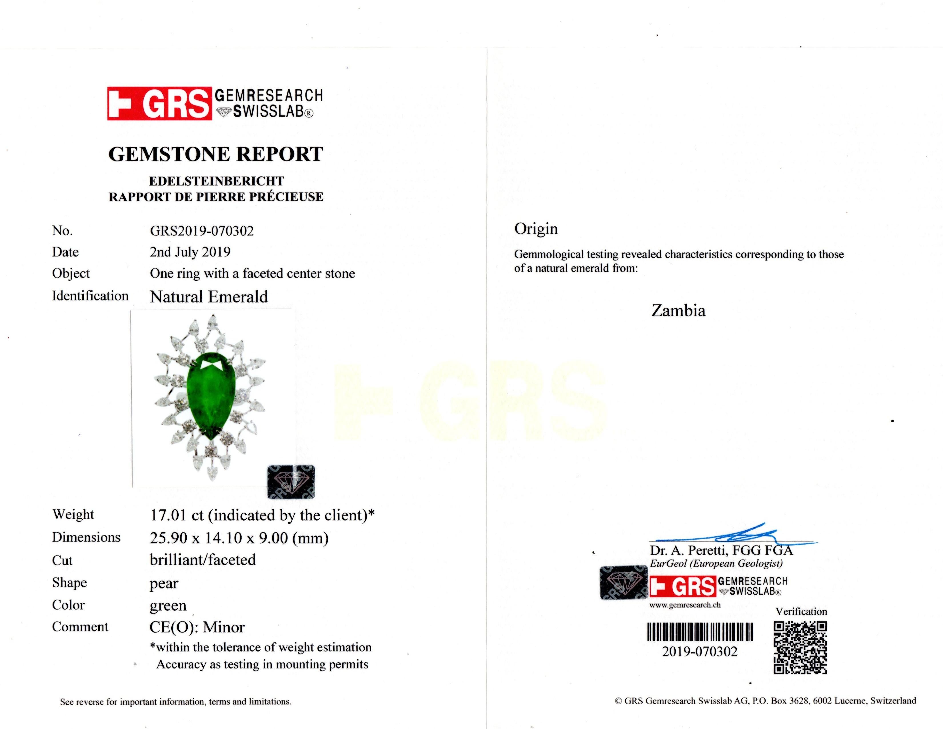 GRS Certified 19.62 Carats Zambian Emerald & Diamond Cocktail Ring In New Condition For Sale In Bangkok, Bangkok