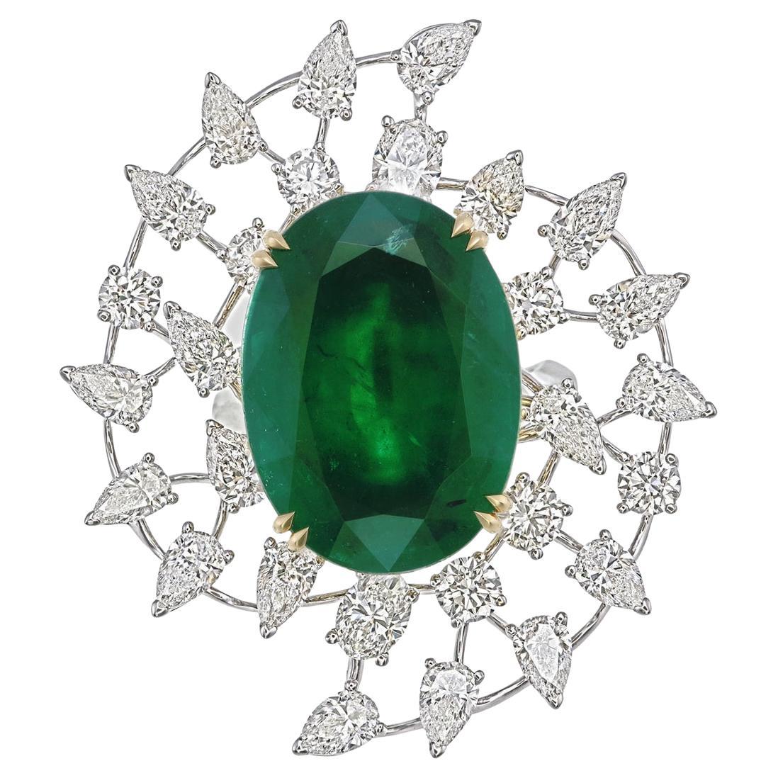 GRS Certified 19.62 Carats Zambian Emerald & Diamond Cocktail Ring