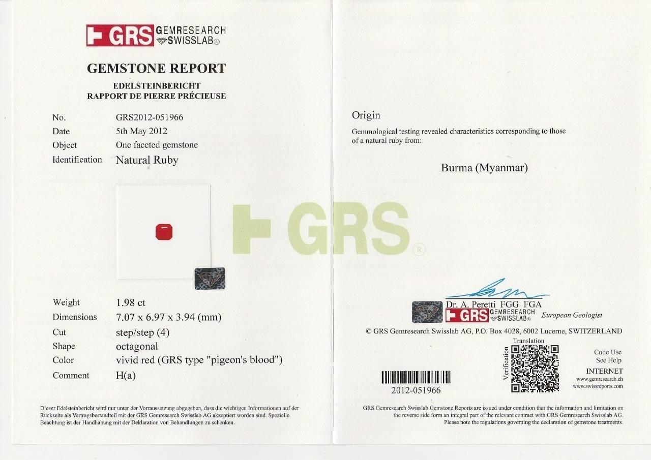 GRS Certified 1.98 Carat Burma Ruby Ring 2