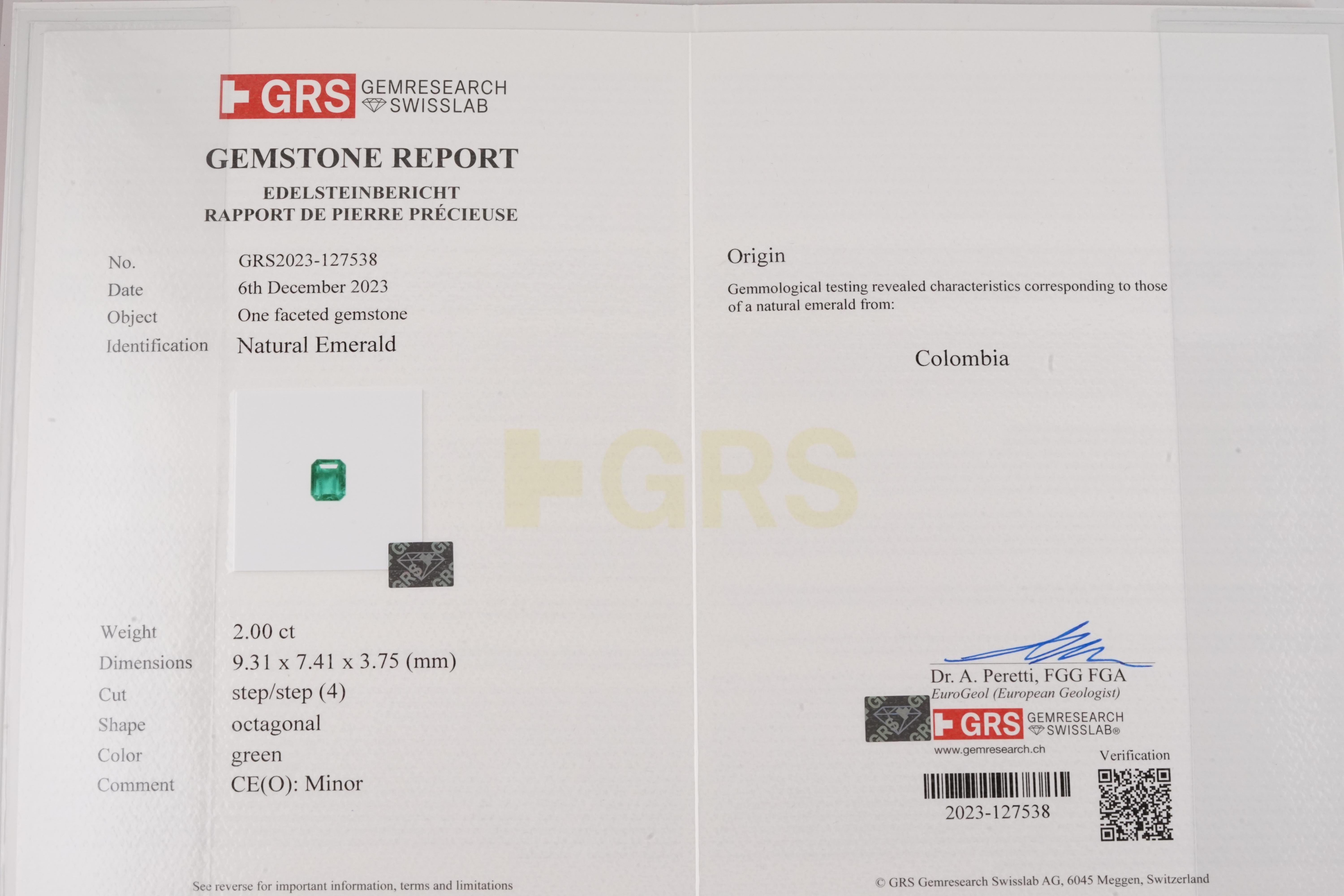 GRS Certified 2 Carat Colombian Minor Oil Green Emerald Gold Carbon Fiber Ring In New Condition For Sale In Chicago, IL