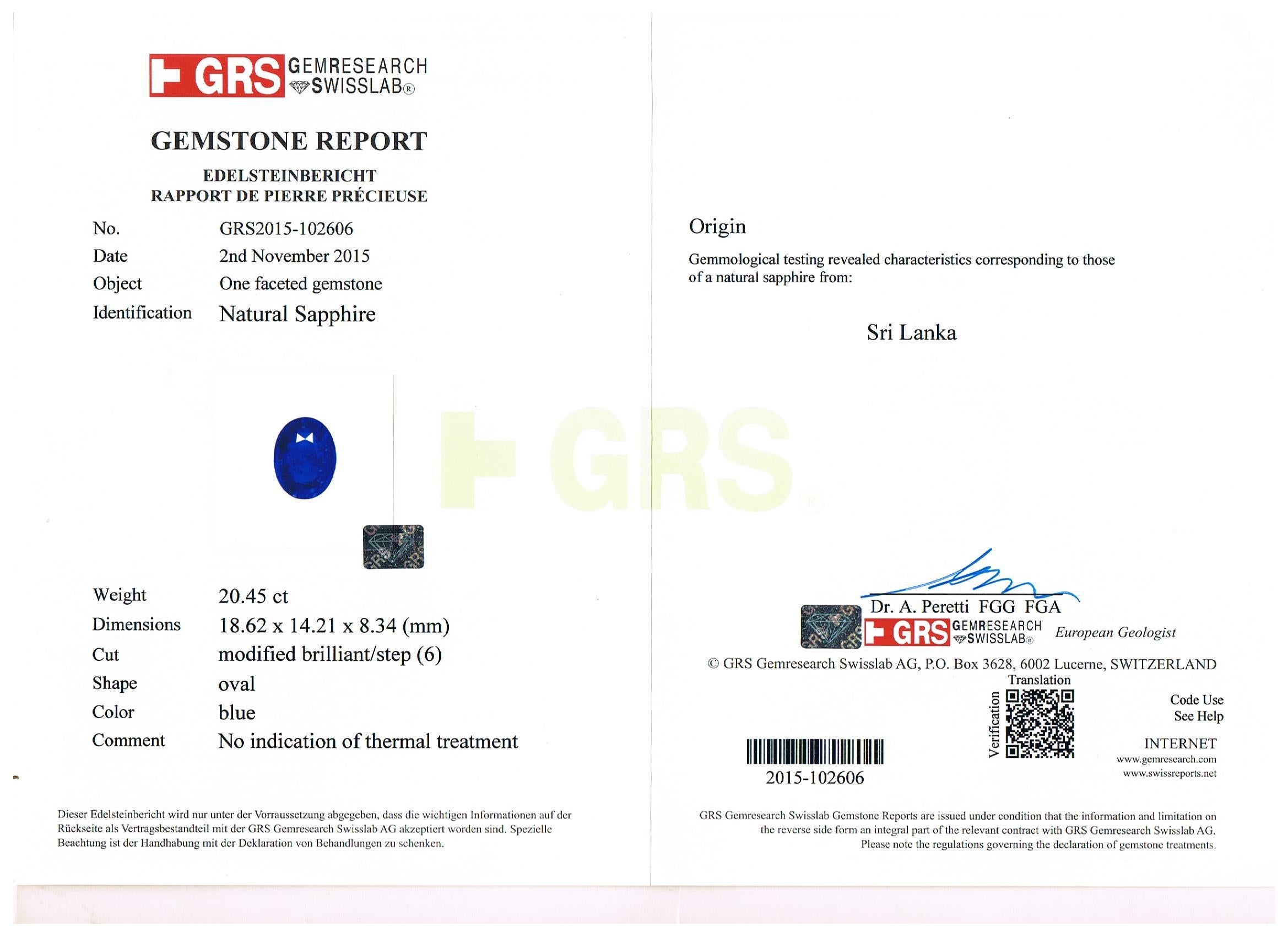 Oval Cut GRS Certified 20 Carat Blue Ceylon UNHEATED Sapphire Ring For Sale