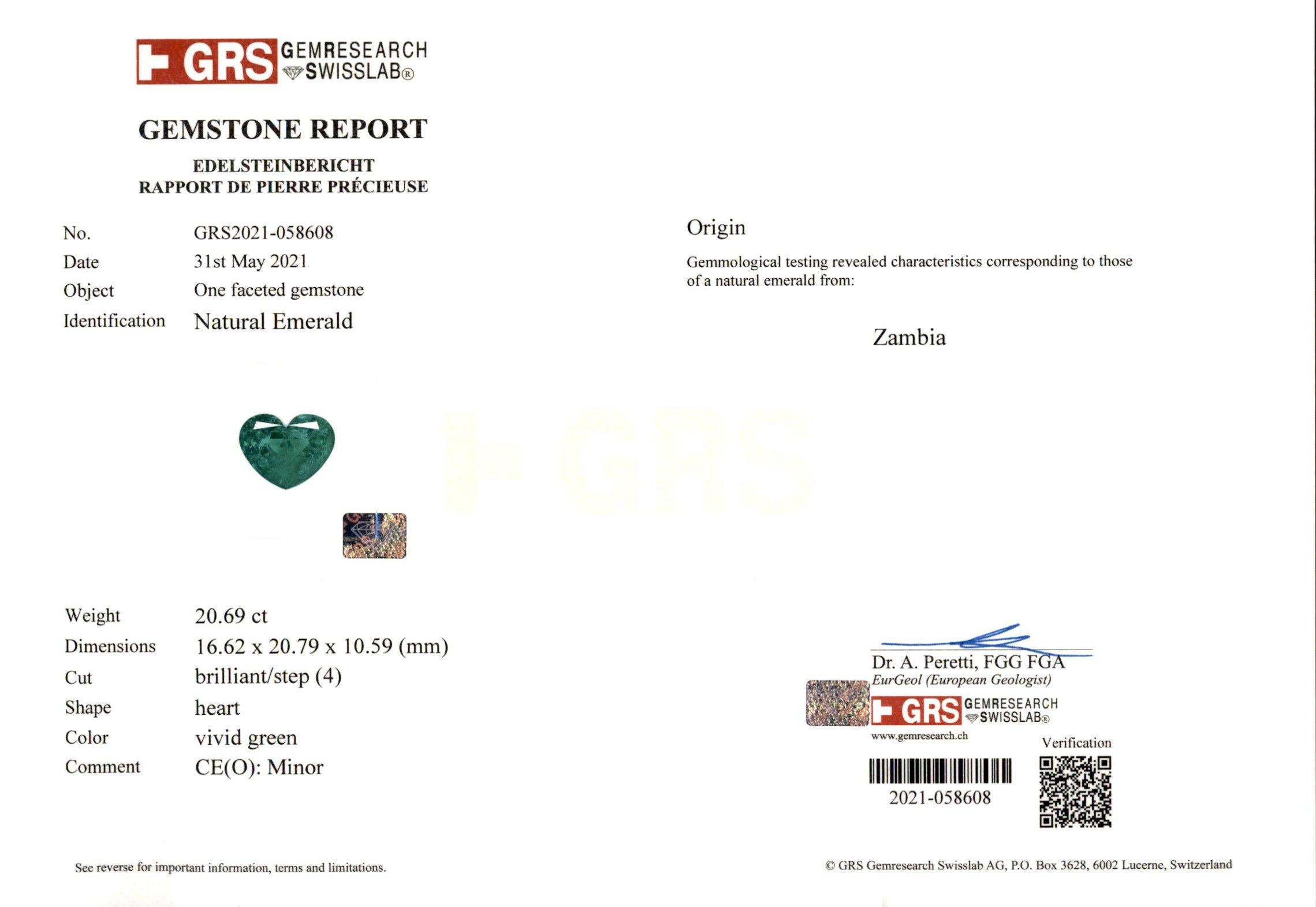 Modern GRS Certified 20 Carat MINOR OIL Zambian Heart Shape Emerald Pendant